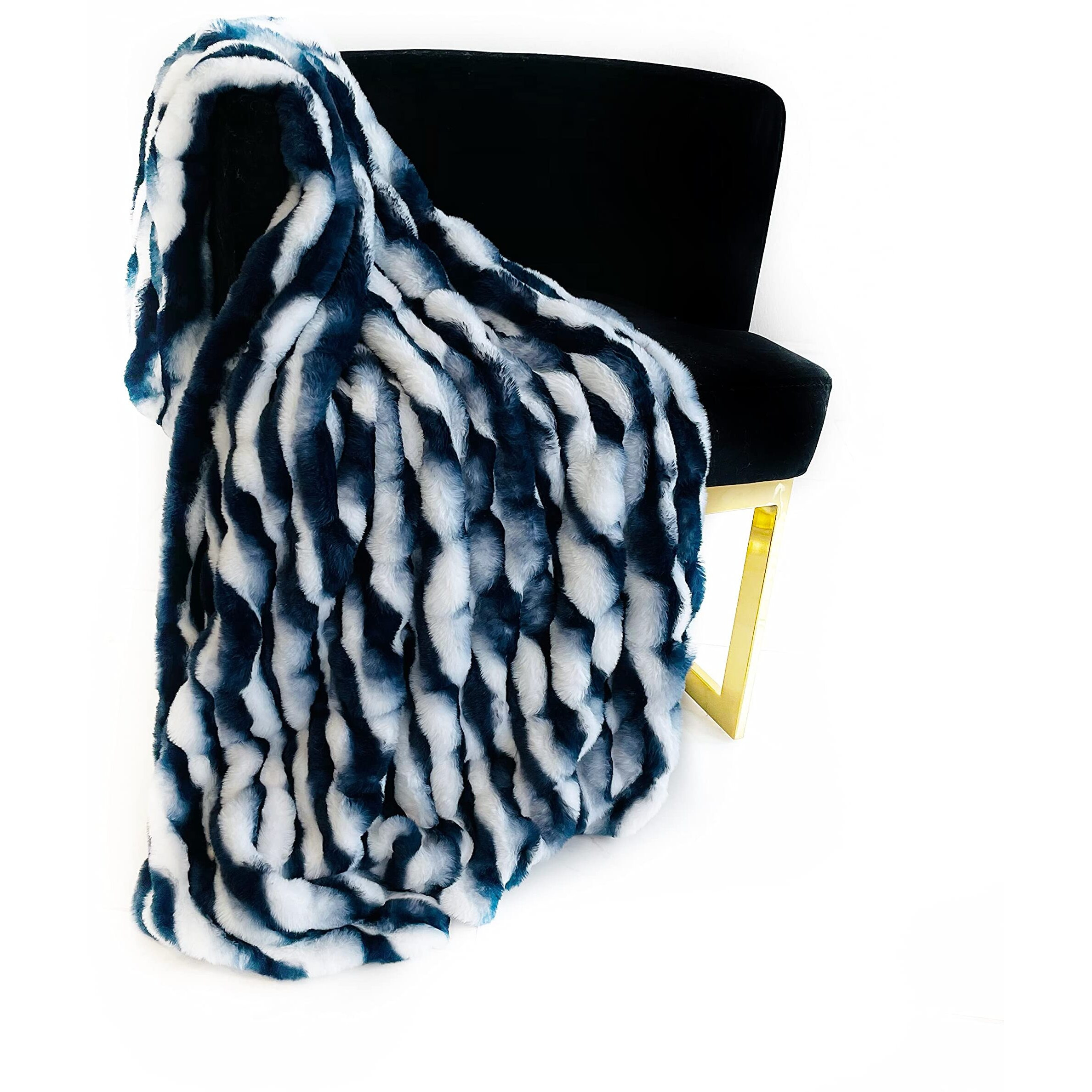 Plutus White Navy Snow Chinchilla Faux Fur Luxury Throw Blanket