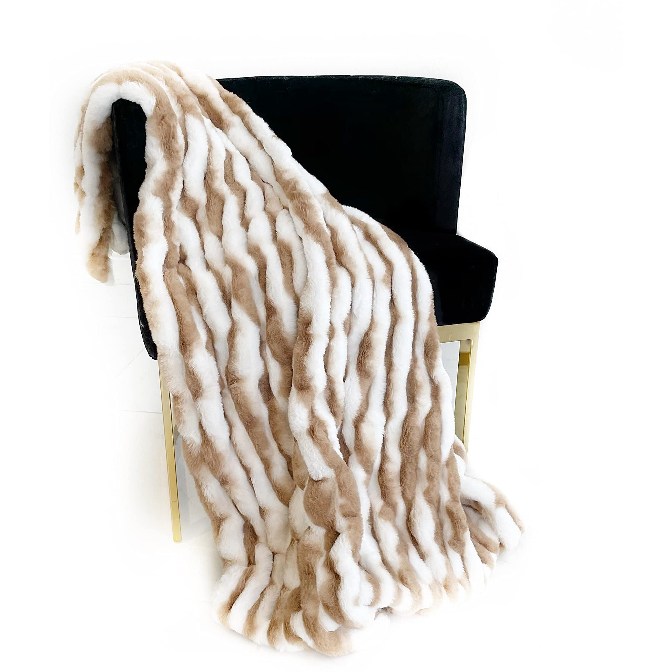 Plutus White Taupe Snow Chinchilla Faux Fur Luxury Throw Blanket