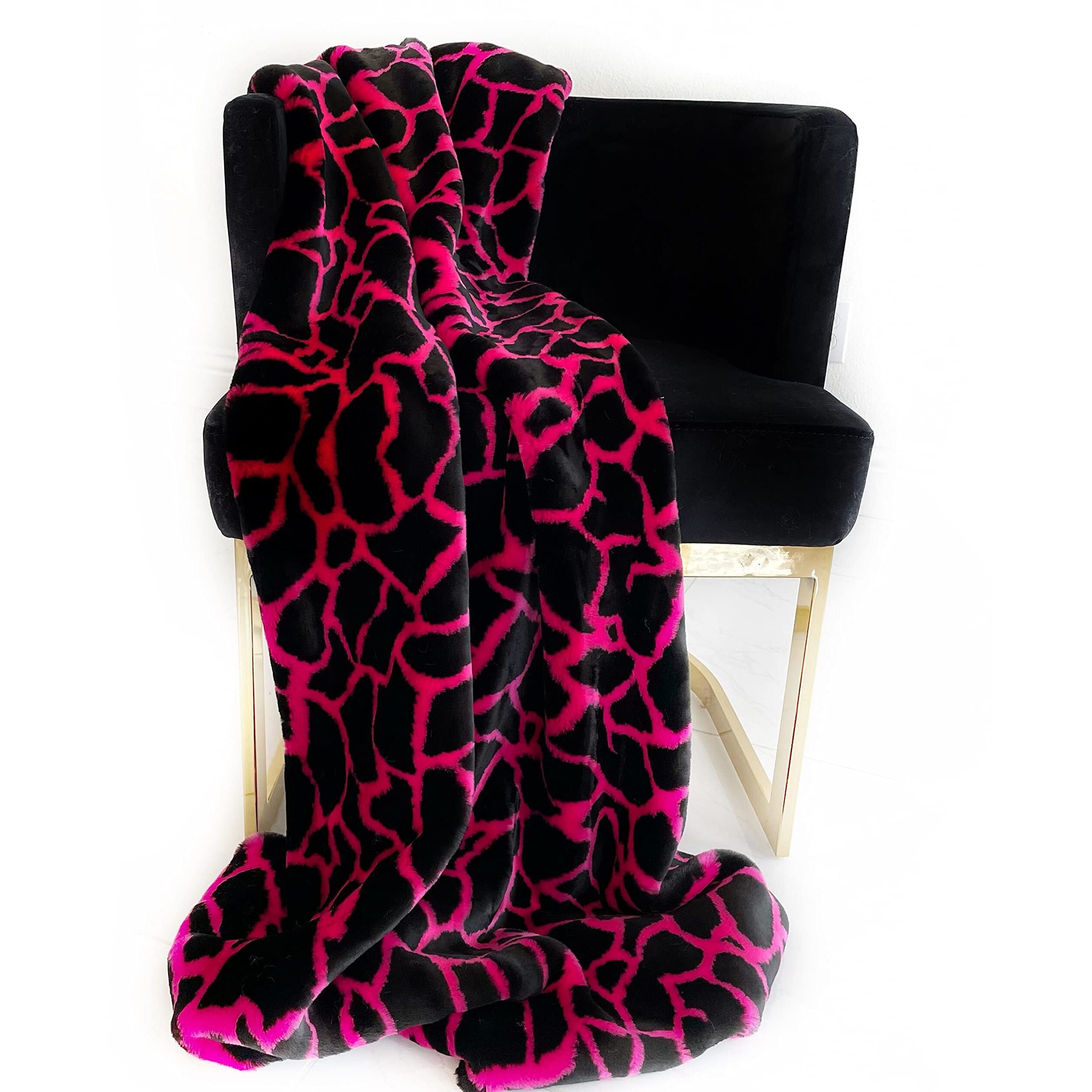 Plutus Pink Black Plush Faux Fur Luxury Throw Blanket