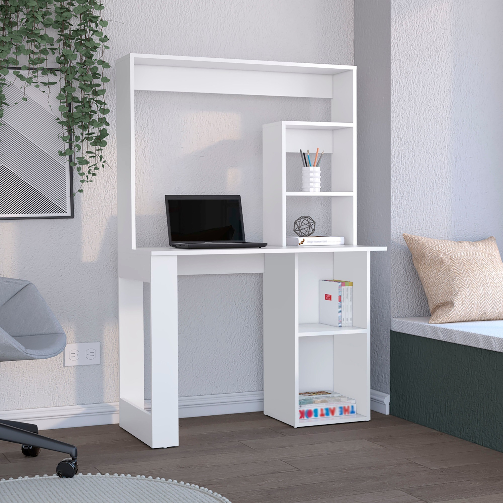 TUHOME Maine Desk With Hutch and  Shelves -White -Office