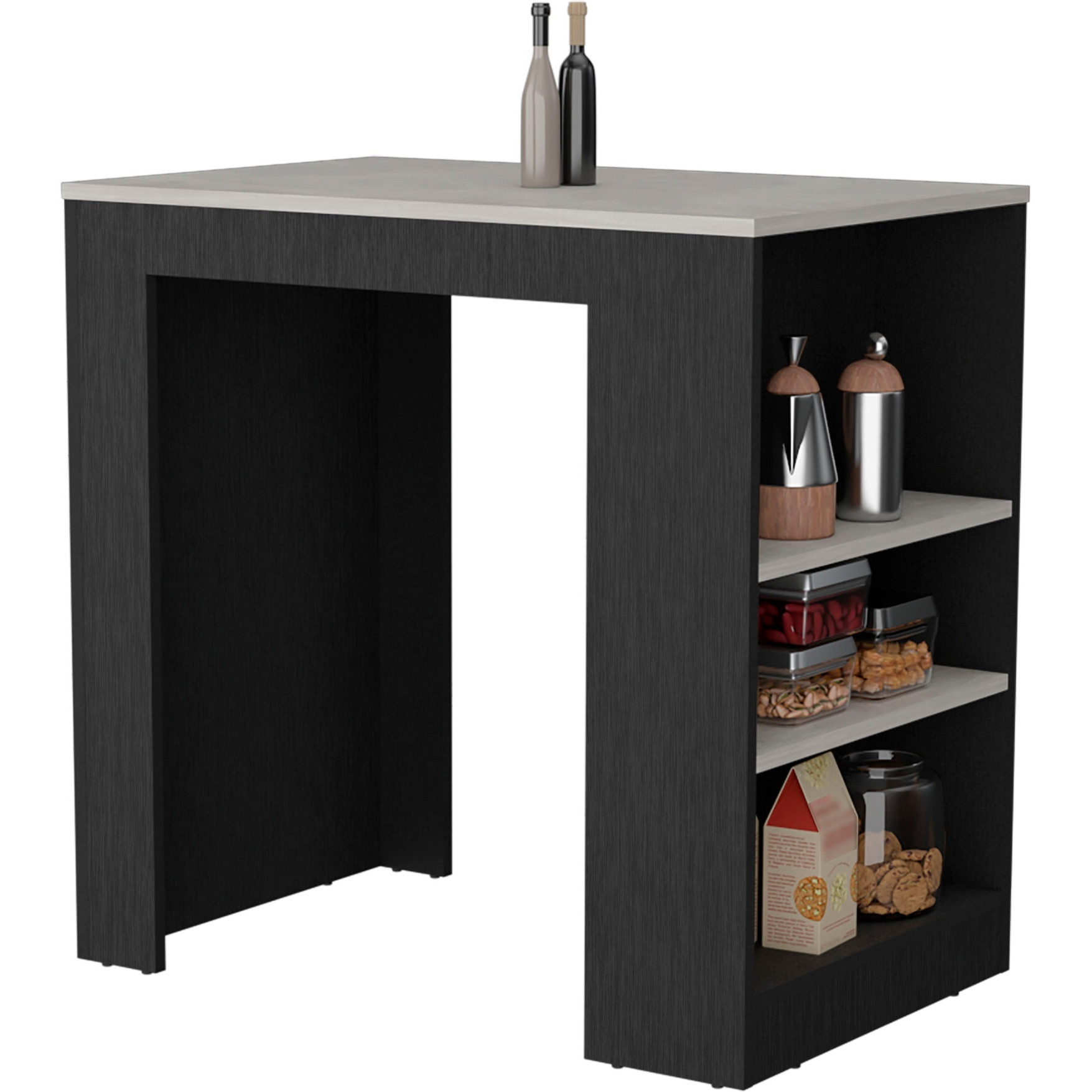 TUHOME Portree Kitchen Island with 3-Side Shelves -Black / Ibiza Marble -Kitchen