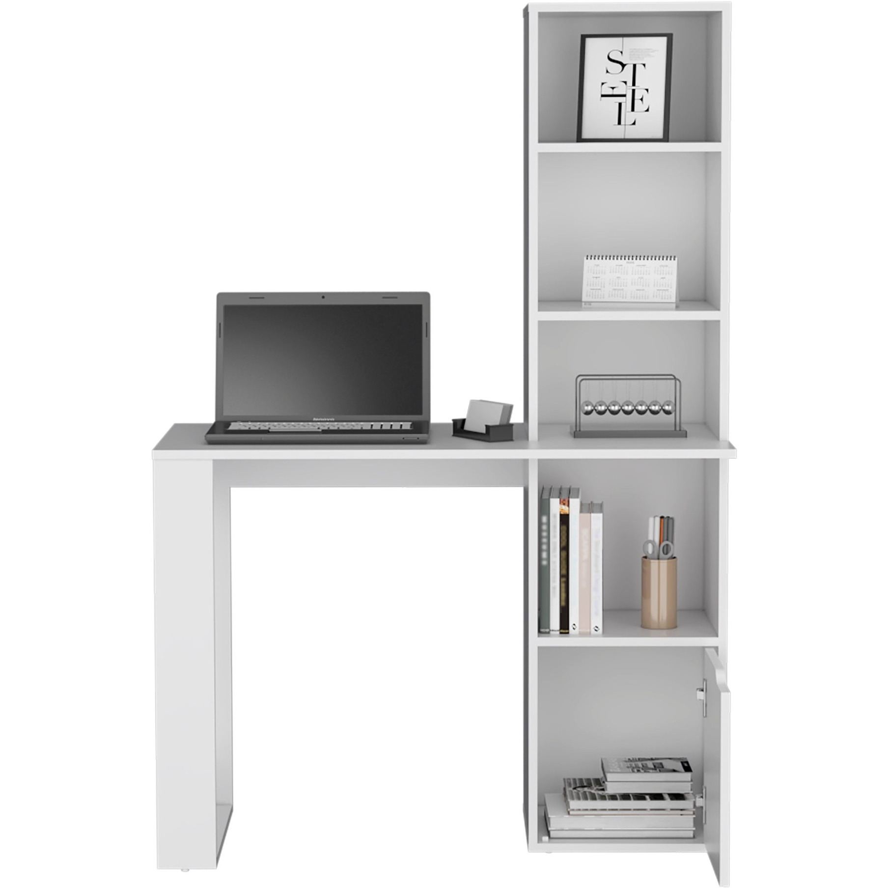 TUHOME Iowa Computer Desk with 1-Cabinet and 4-Tier Bookcase -White -Office