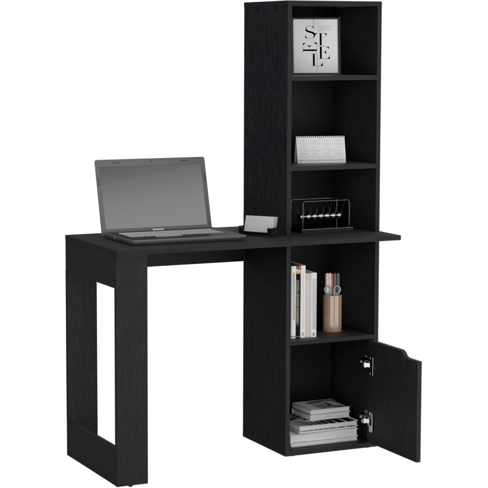 TUHOME Iowa Computer Desk with 1-Cabinet and 4-Tier Bookcase -Black -Office