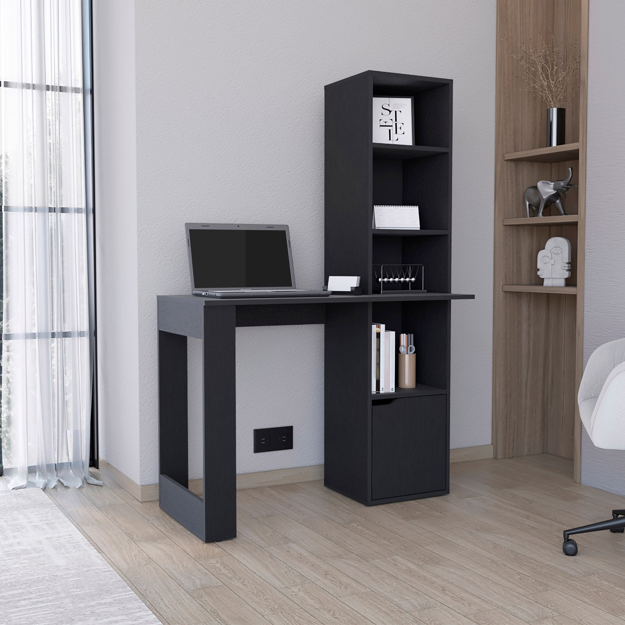 TUHOME Iowa Computer Desk with 1-Cabinet and 4-Tier Bookcase -Black -Office