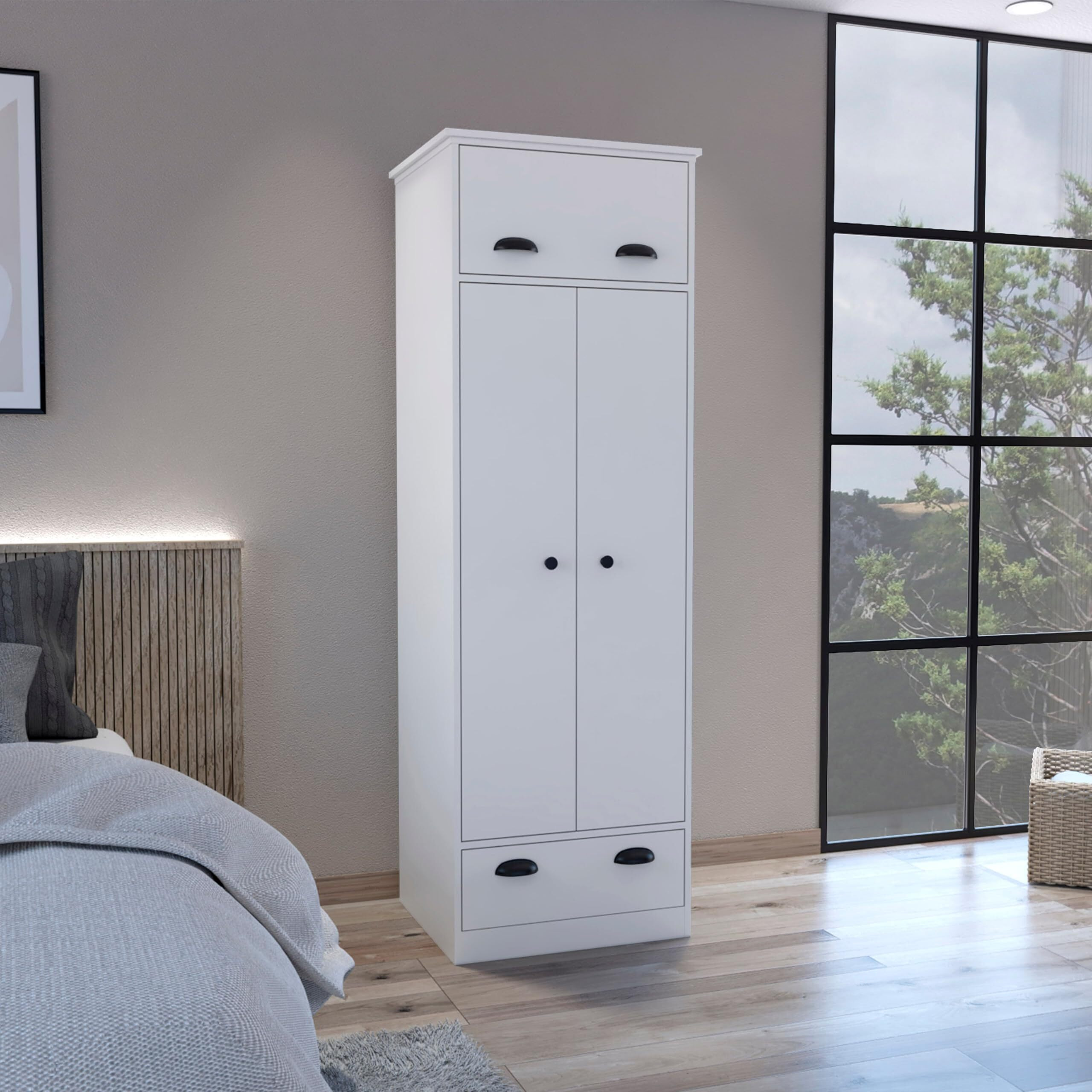 TUHOME Falkland Armoire with 1 Drawer and 1 Hinged Drawer with Handles -White -Bedroom