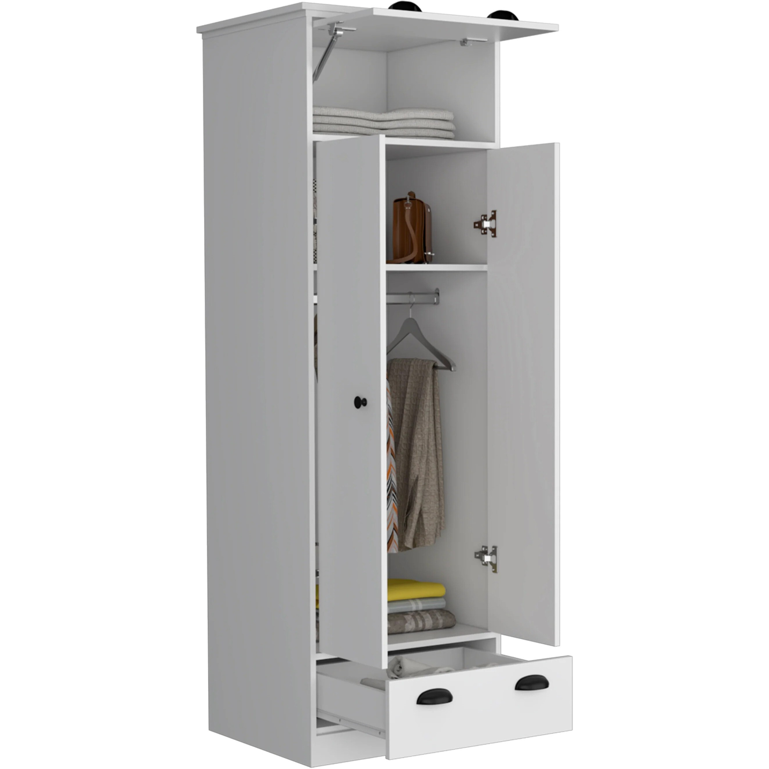 TUHOME Falkland Armoire with 1 Drawer and 1 Hinged Drawer with Handles -White -Bedroom