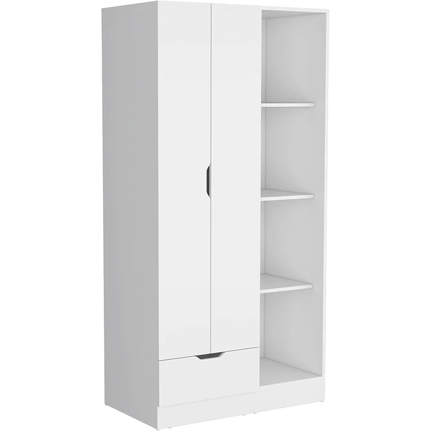 TUHOME Memphis Wardrobe Armoire with 4-Tier Storage Shelves and 1 Drawer-White -Bedroom