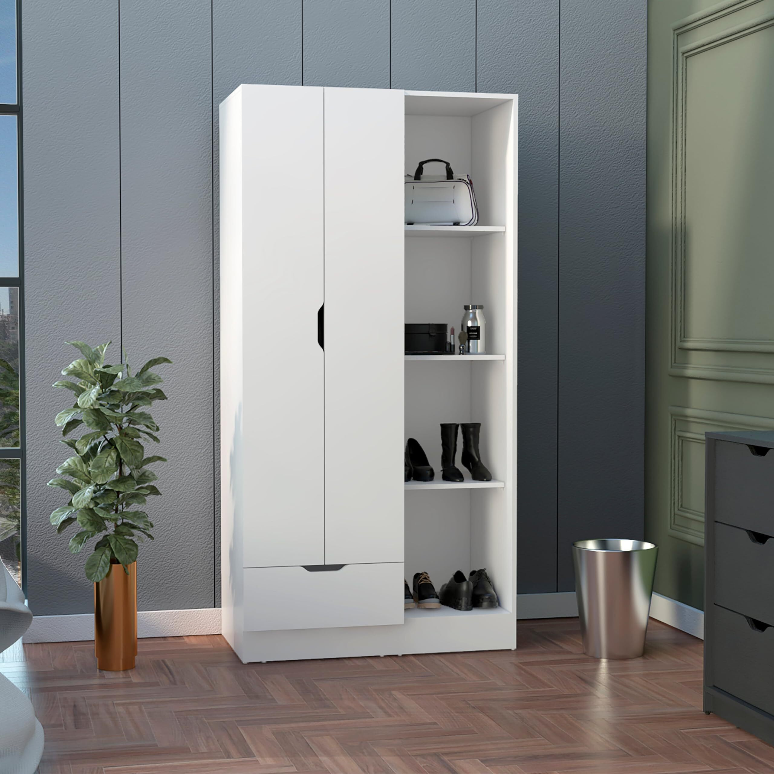 TUHOME Memphis Wardrobe Armoire with 4-Tier Storage Shelves and 1 Drawer-White -Bedroom