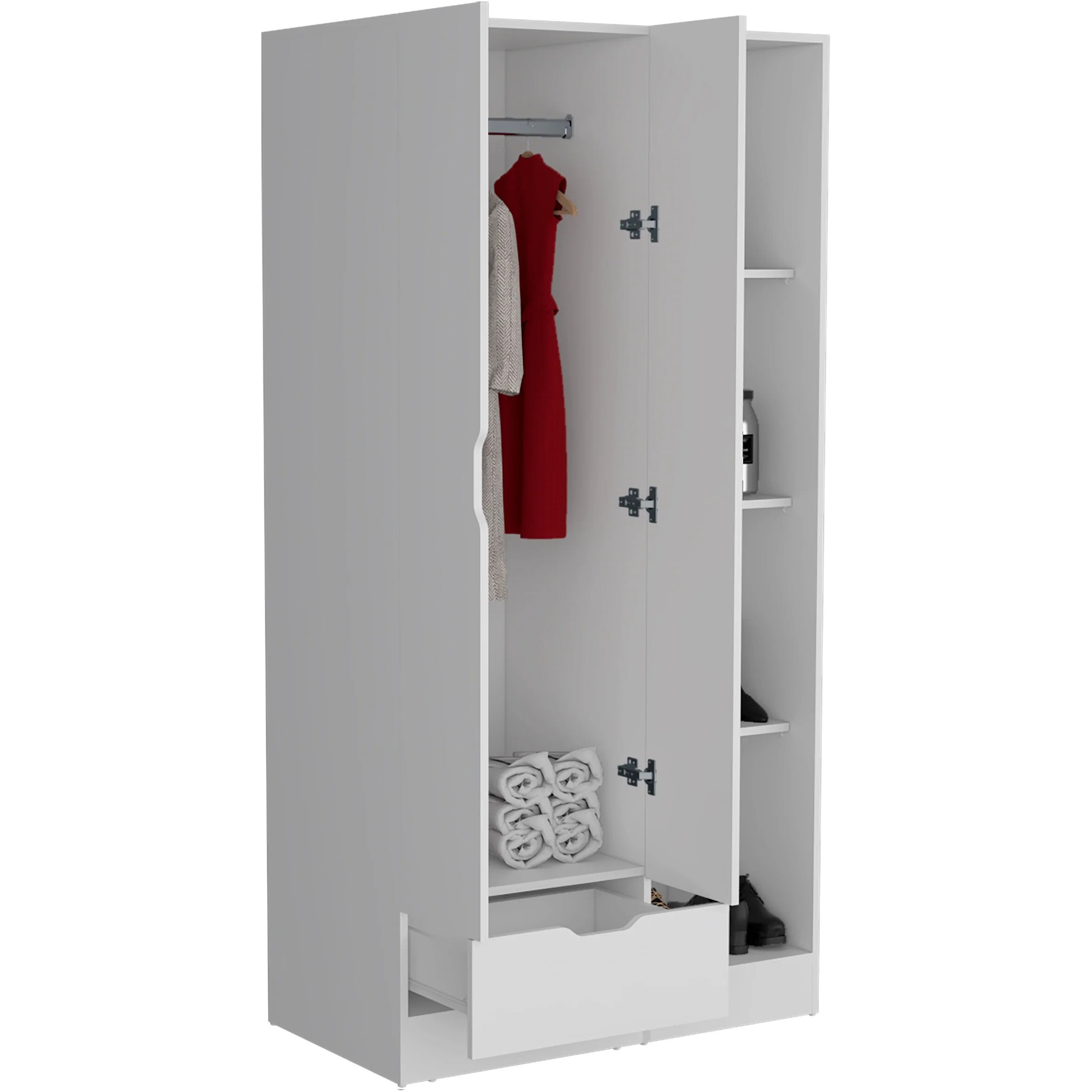 TUHOME Memphis Wardrobe Armoire with 4-Tier Storage Shelves and 1 Drawer-White -Bedroom