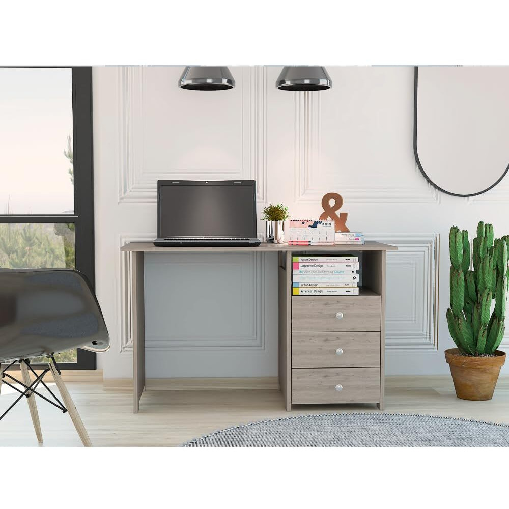 TUHOME Bianco Writing Computer Desk, Three Drawers, One Shelf -Light Gray -Office