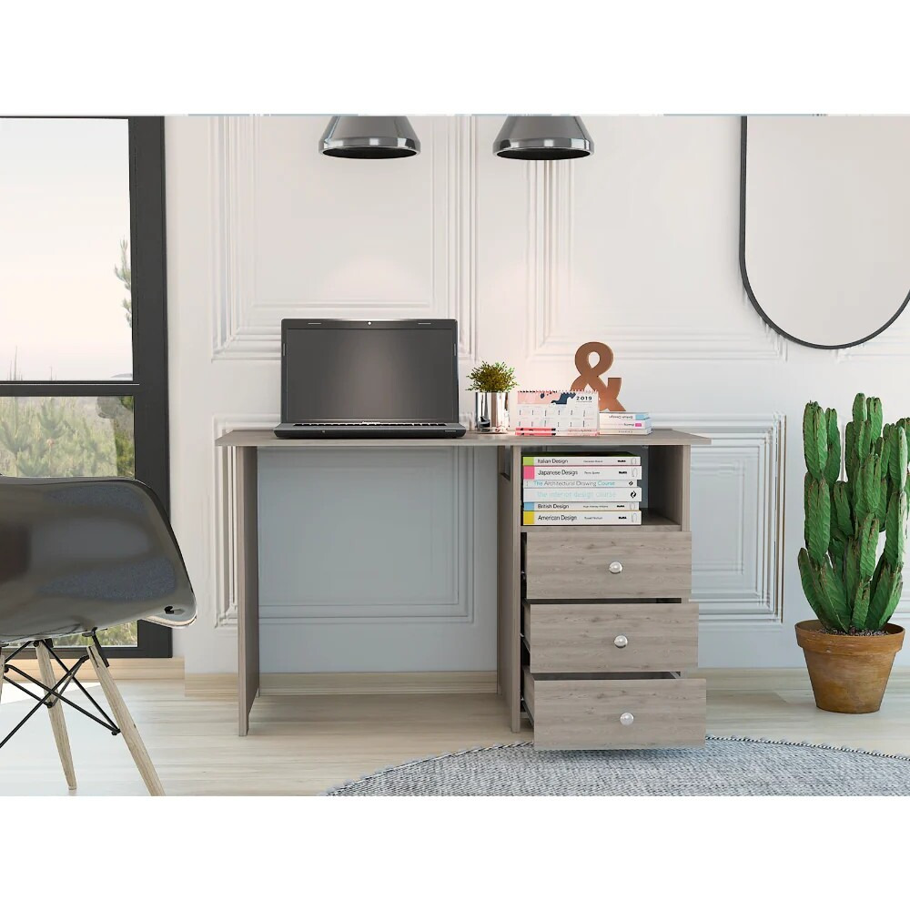 TUHOME Bianco Writing Computer Desk, Three Drawers, One Shelf -Light Gray -Office