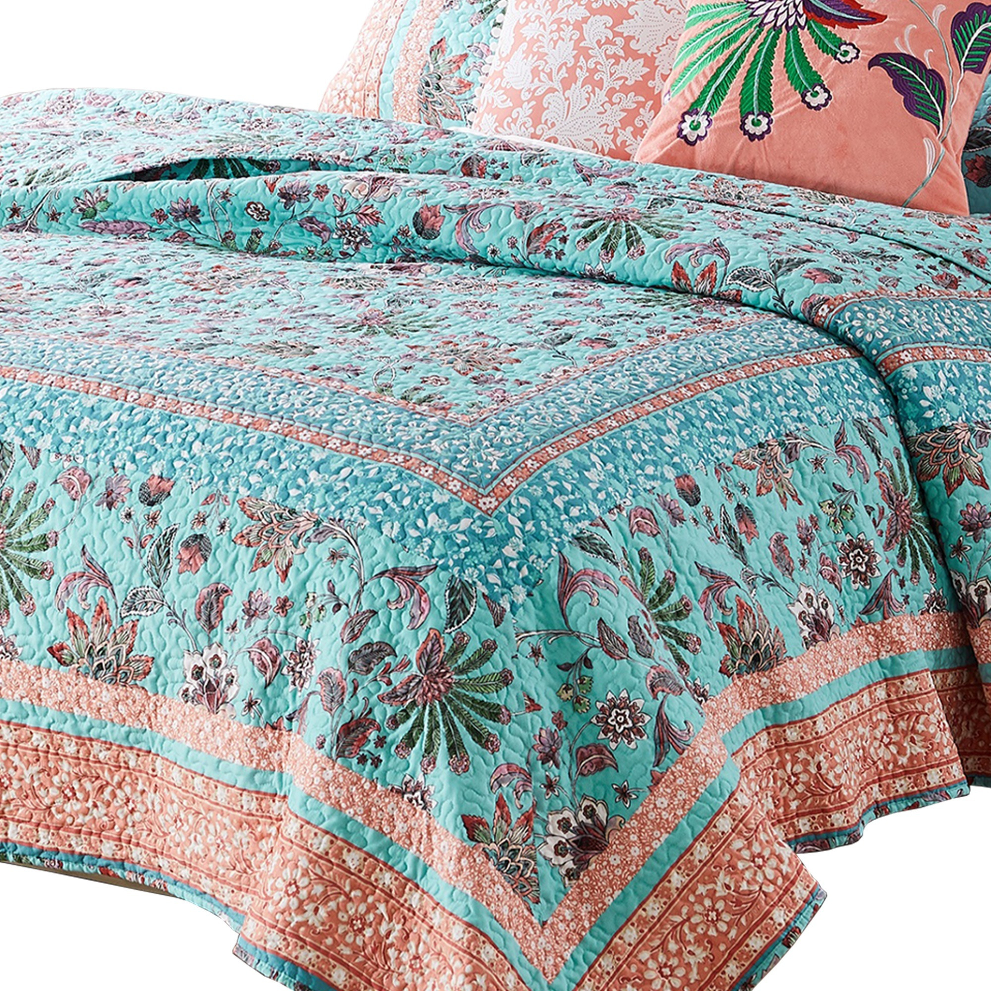 3 Piece Full Queen Quilt Set with Floral Print, Blue and White