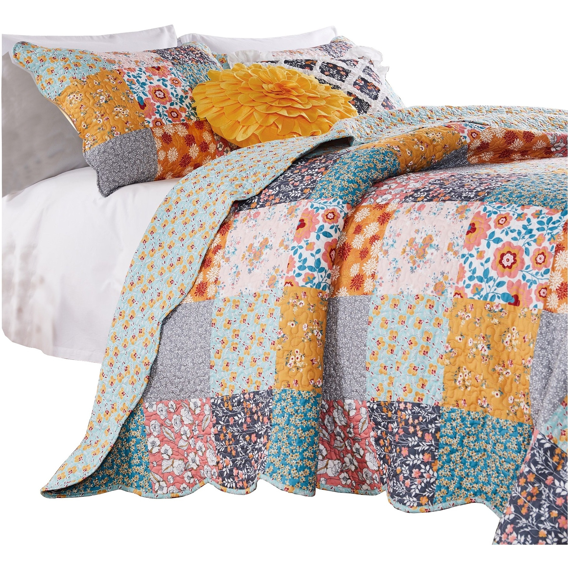 2 Piece Twin Quilt Set with Floral Print, Multicolor