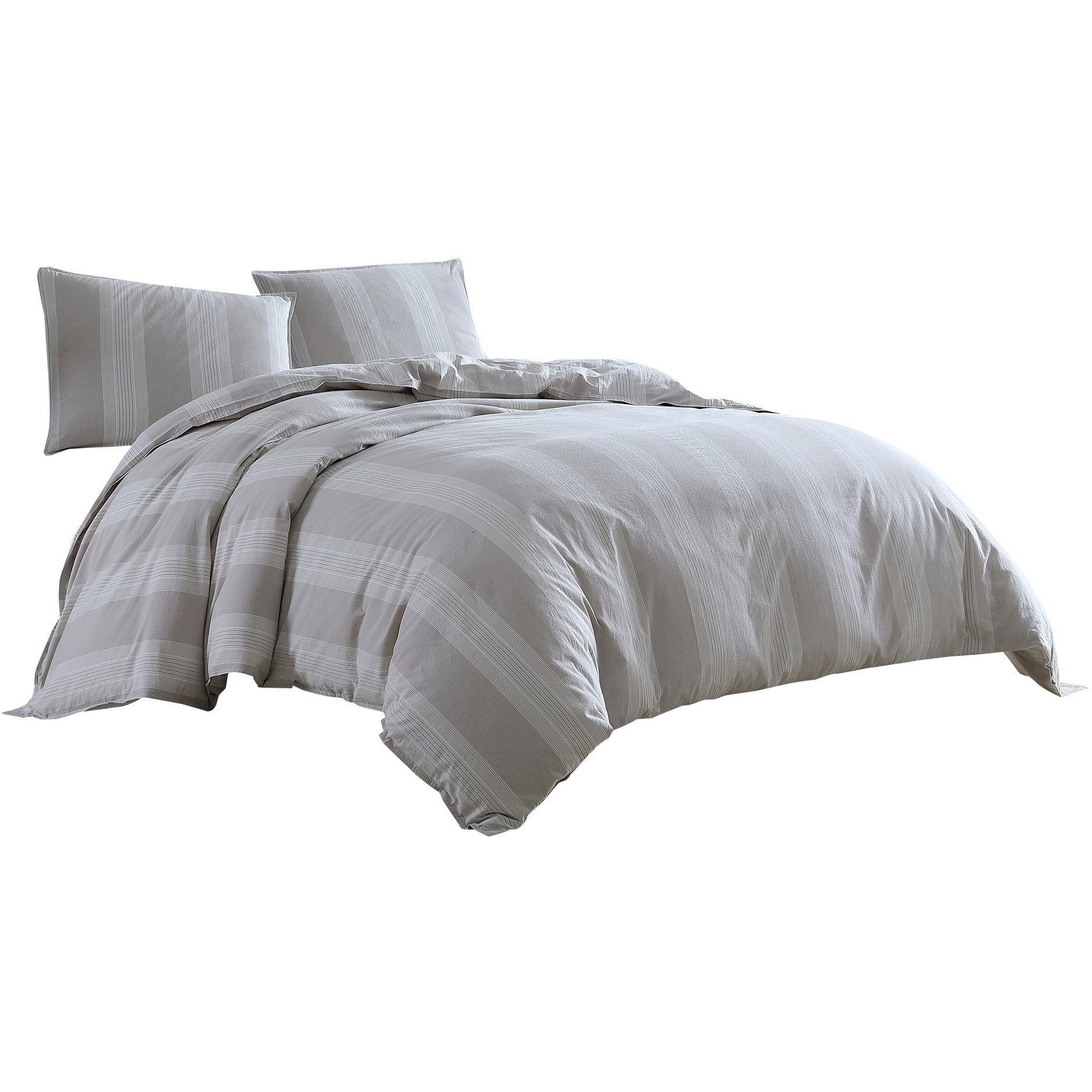 3 Piece King Comforter Set with Vertical Stripes Pattern, White and Brown