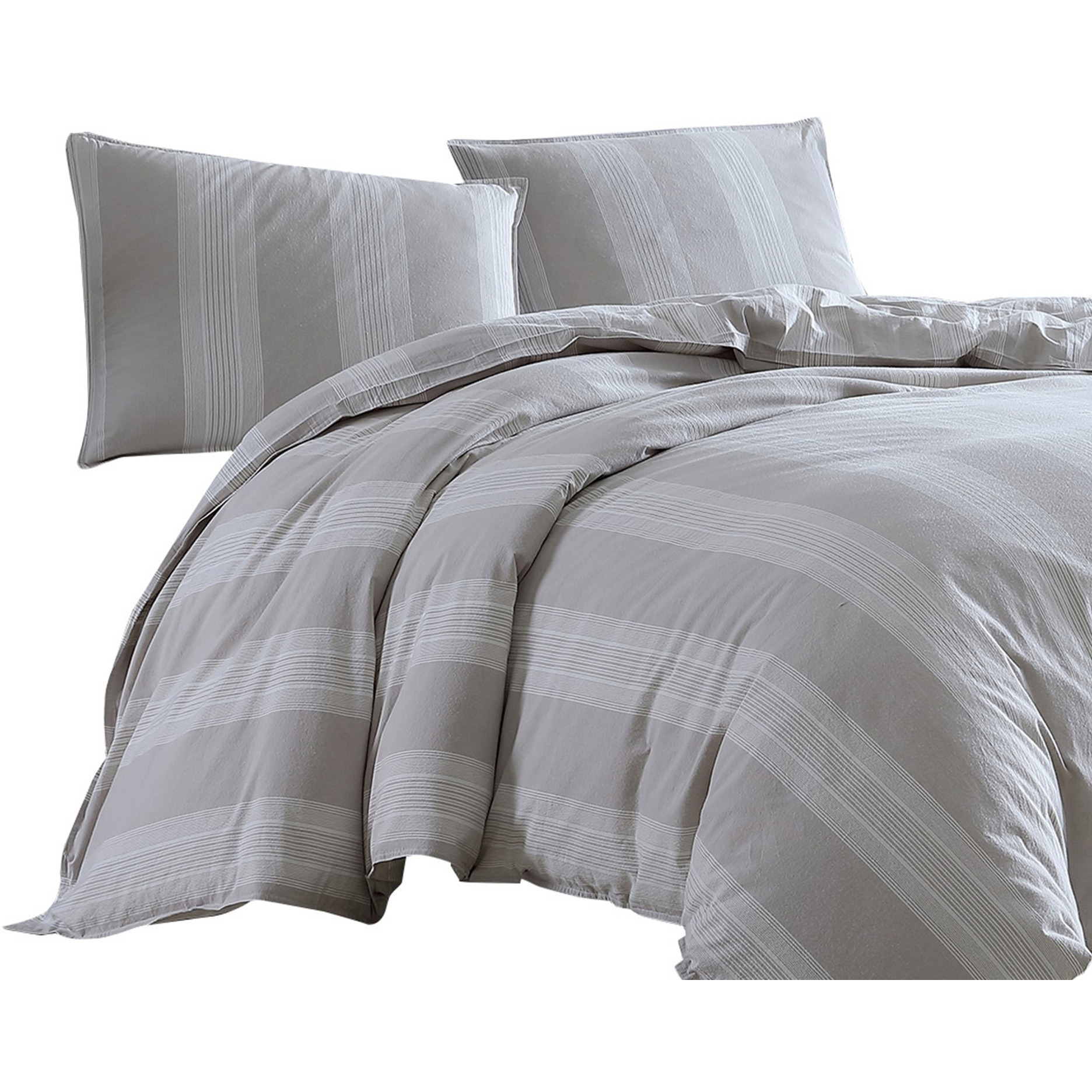 3 Piece King Comforter Set with Vertical Stripes Pattern, White and Brown