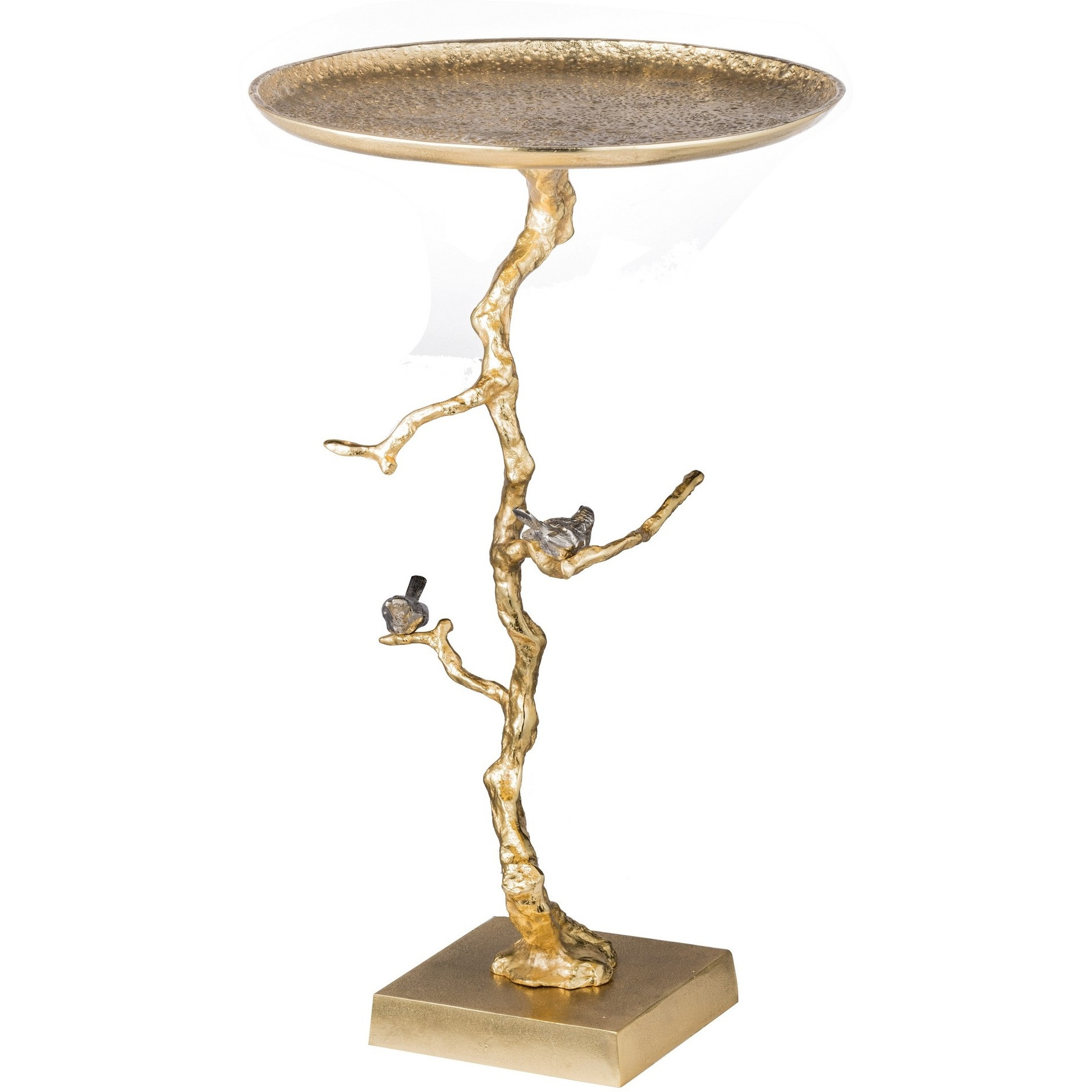 28 Inch Accent Table, Artful Branchlike Frame, Silver Bird Accents, Gold
