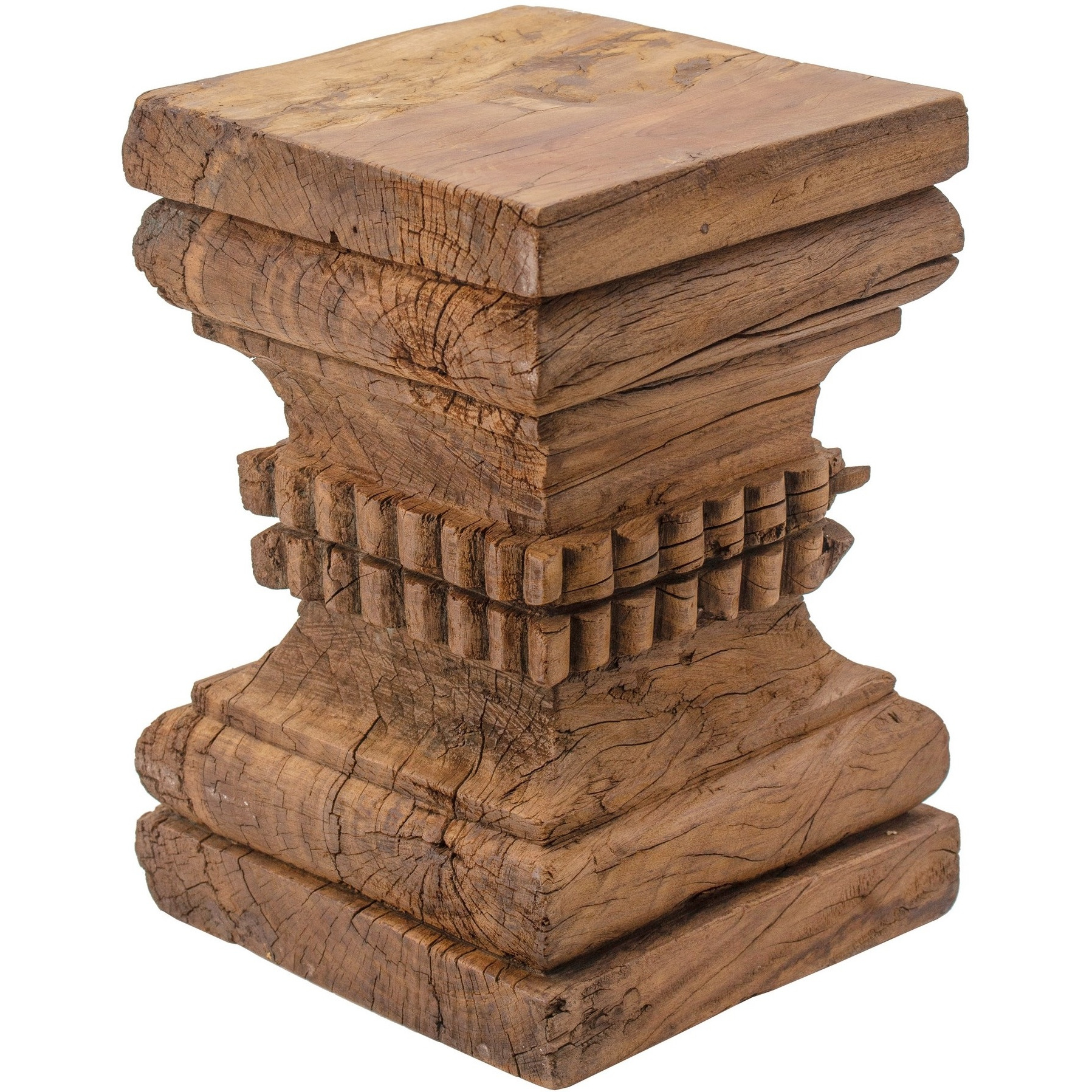 20 Inch Accent Table, Rustic Pillar Pedestal with Scrolled Carvings, Brown
