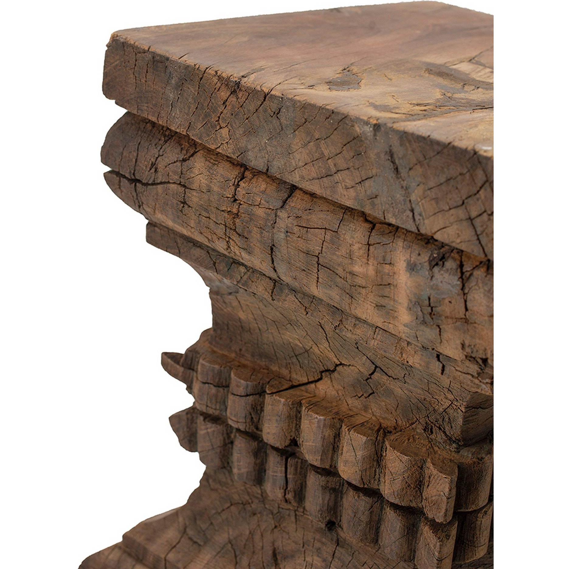 20 Inch Accent Table, Rustic Pillar Pedestal with Scrolled Carvings, Brown