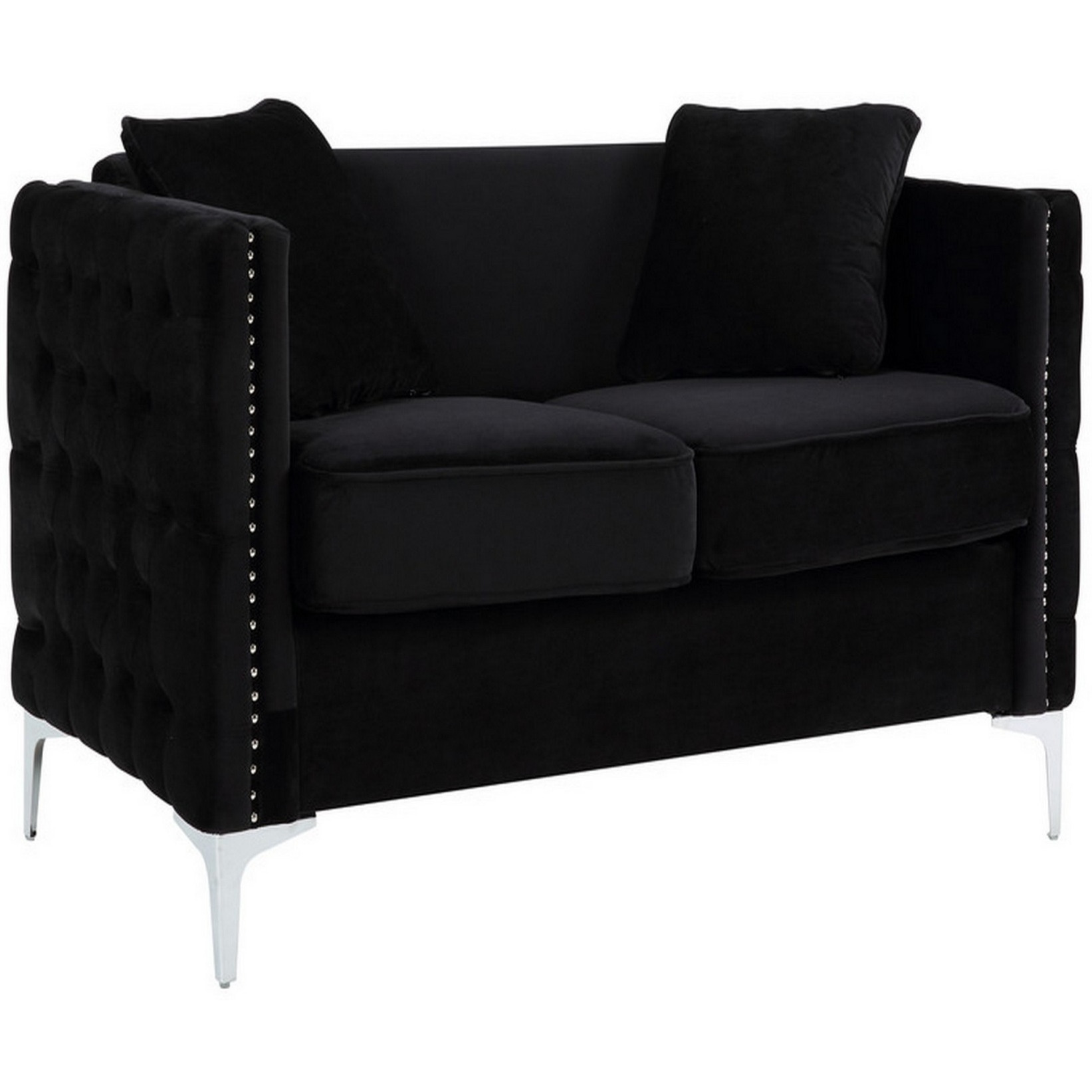 Zion 53 Inch Accent Loveseat, Handmade Nailhead Trim, Tufted, Black Velvet