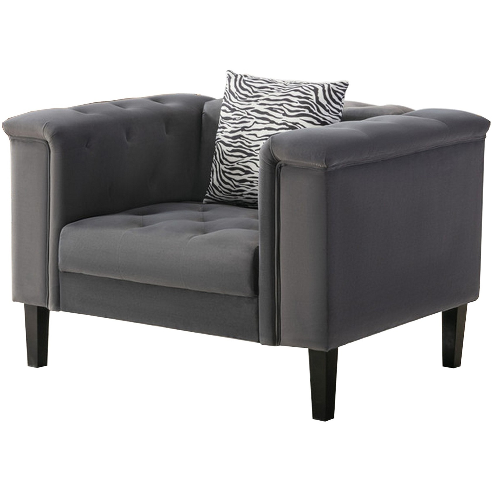 Aki 44 Inch Accent Chair with Pillow, Deep Button Tufted, Gray Velvet