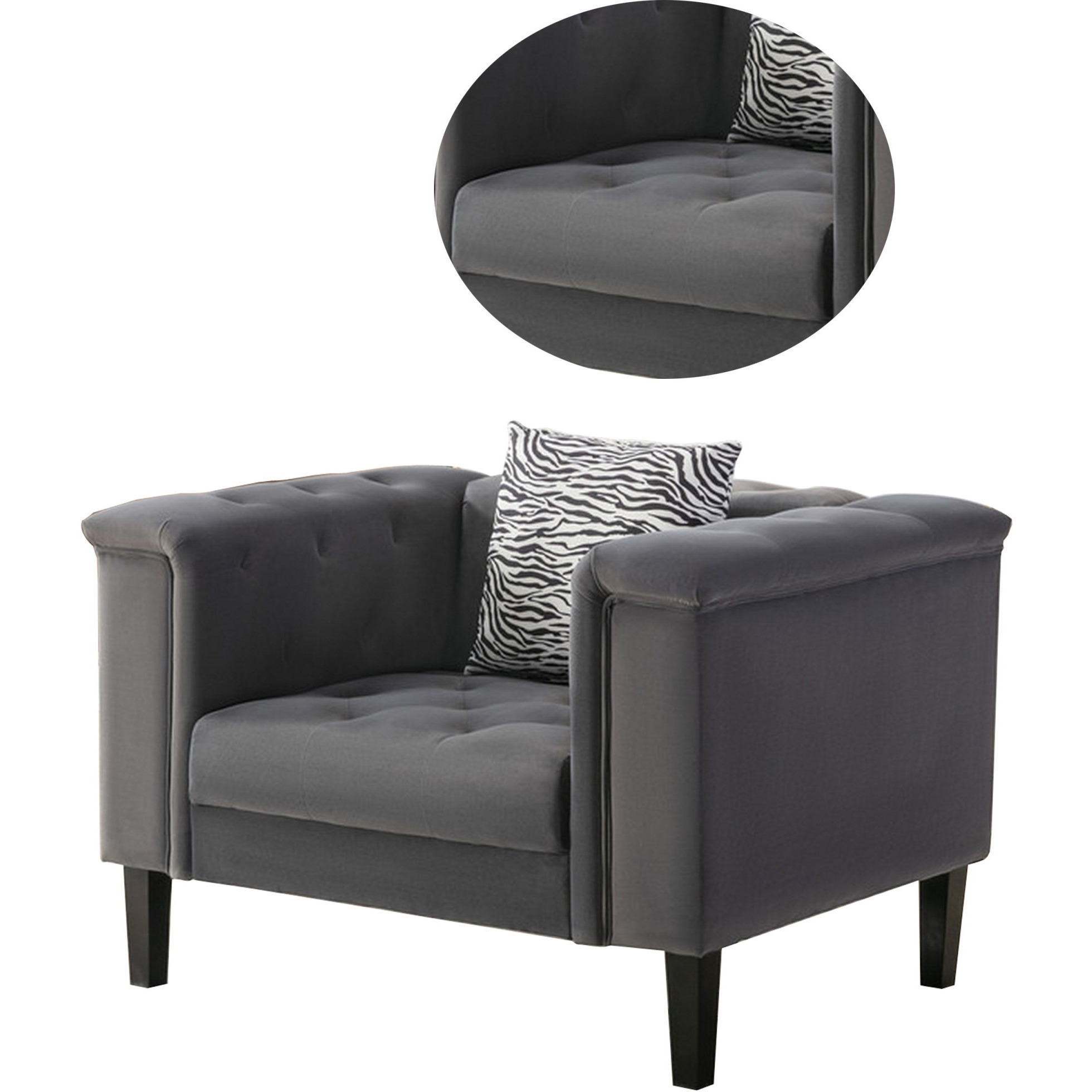 Aki 44 Inch Accent Chair with Pillow, Deep Button Tufted, Gray Velvet