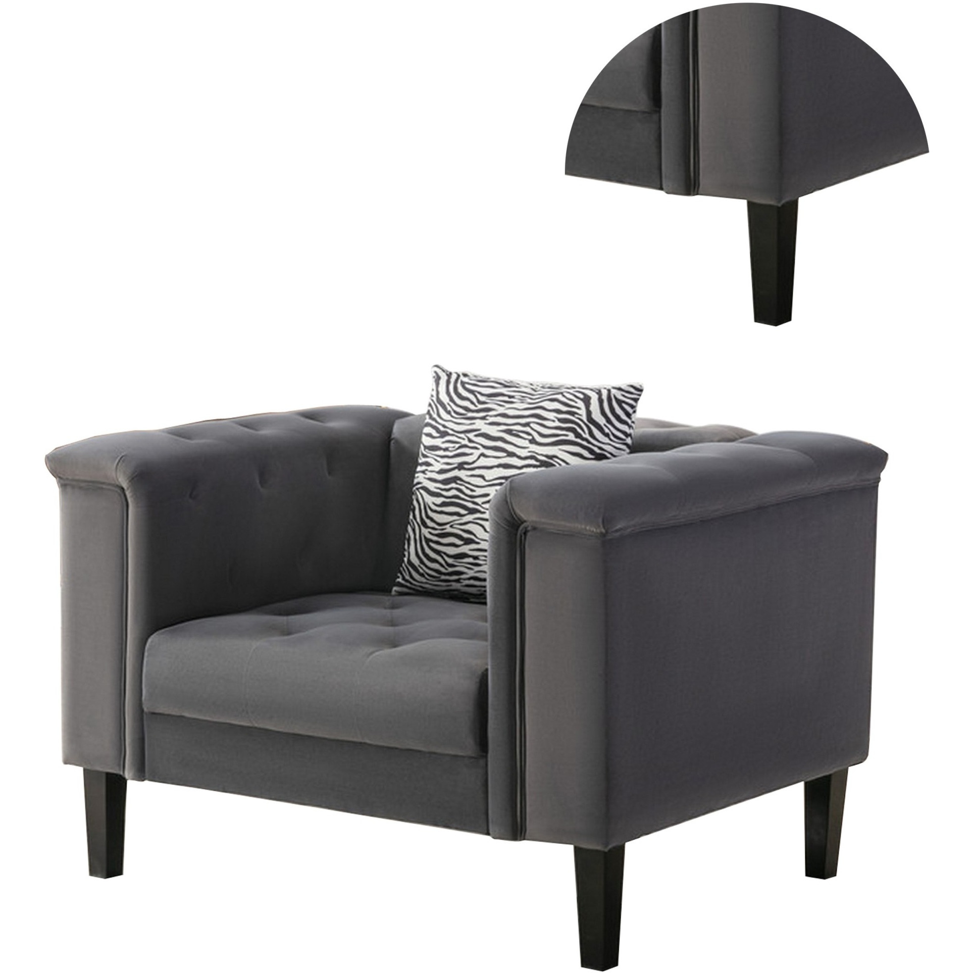 Aki 44 Inch Accent Chair with Pillow, Deep Button Tufted, Gray Velvet