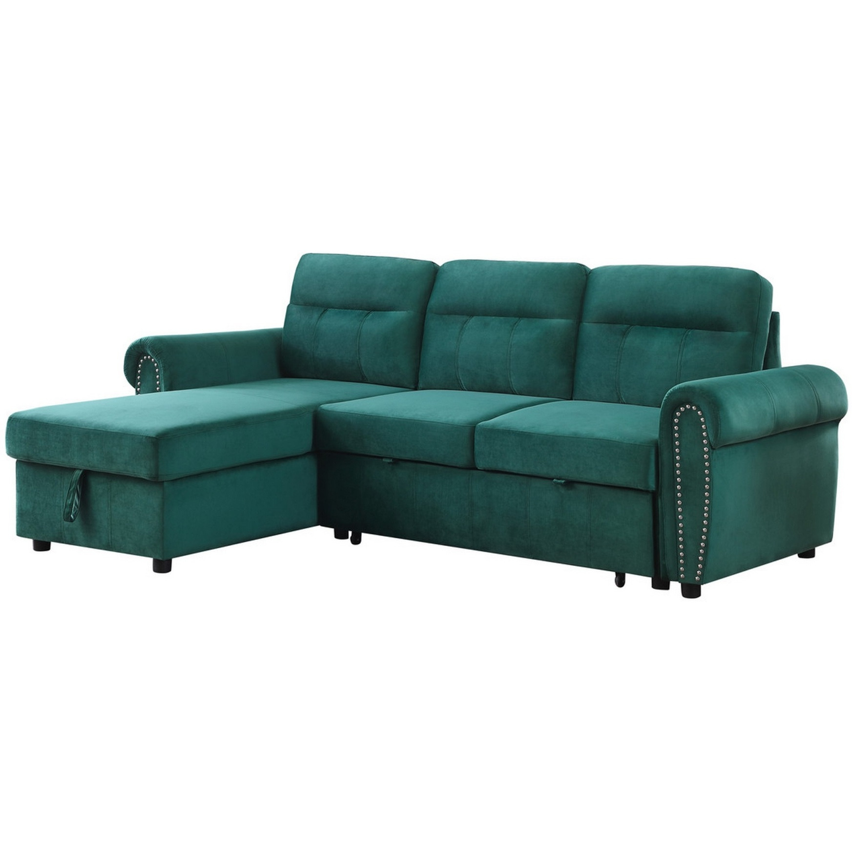 Irma 97 Inch 2 Piece Sectional Sofa, Pull Out Bed, Rolled Arm, Green Velvet