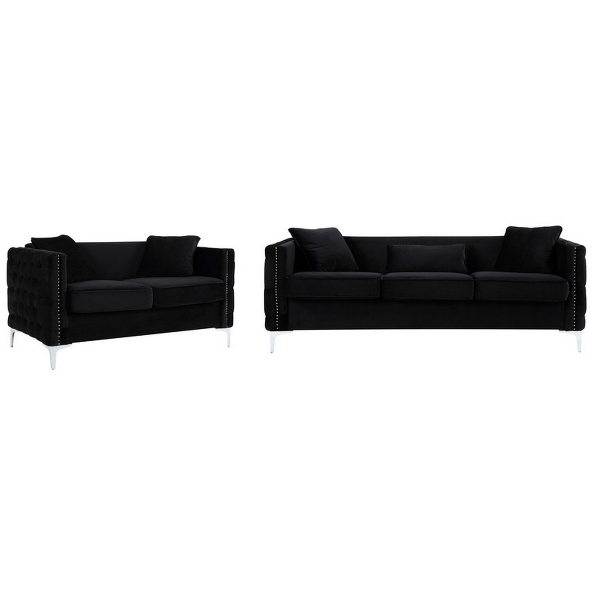 Zion 2 Piece Sofa and Loveseat Set, Deep Button Tufted, Jet Black Velvet