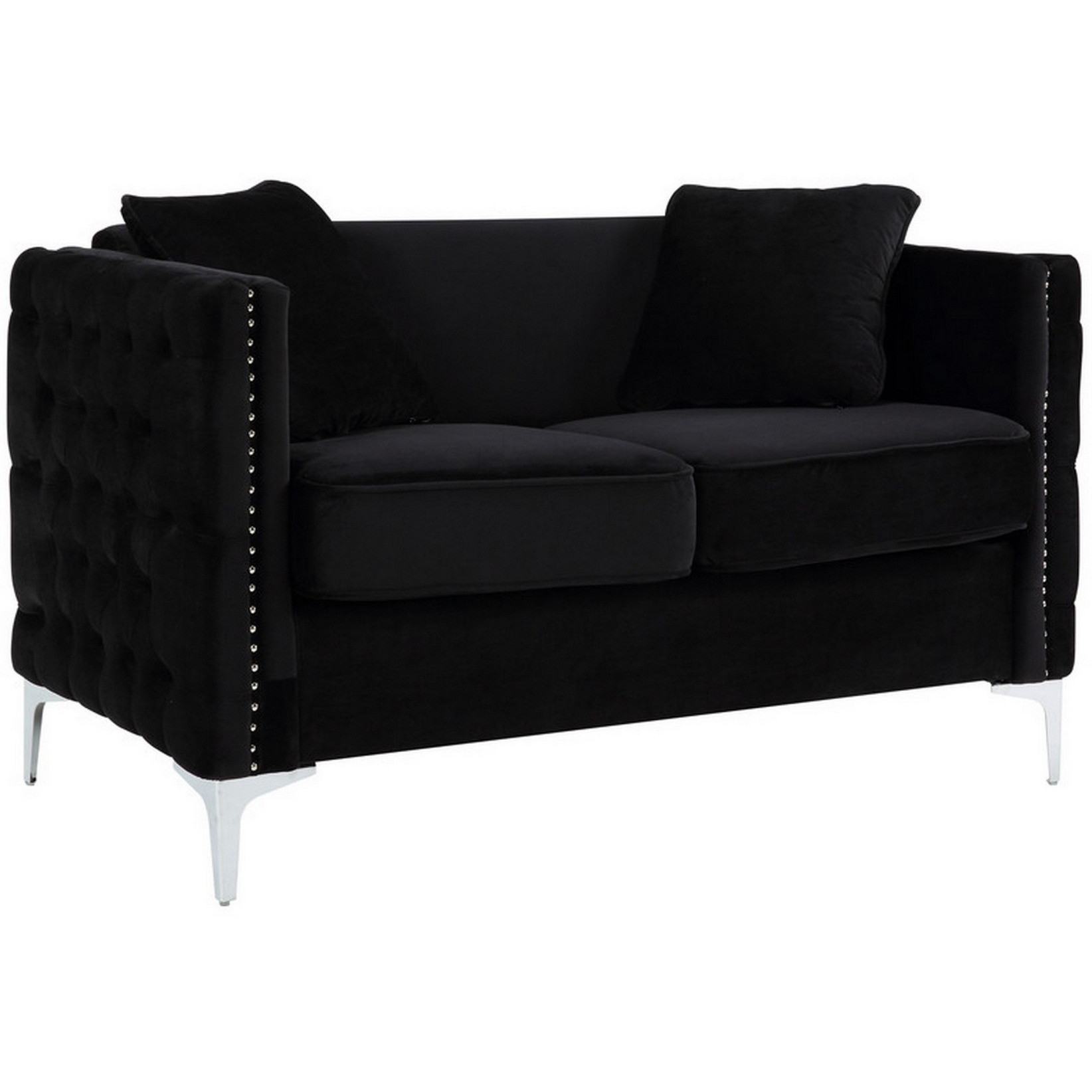 Zion 2 Piece Sofa and Loveseat Set, Deep Button Tufted, Jet Black Velvet