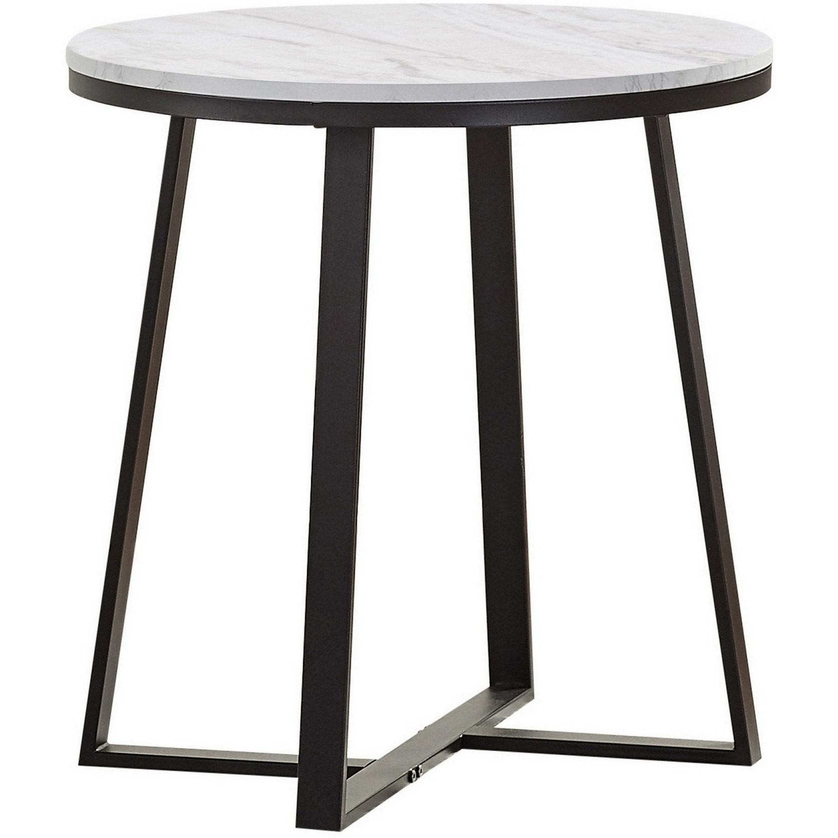 24 Inch End Table, White Faux Marble Round Top, Artisanal Metal Framework