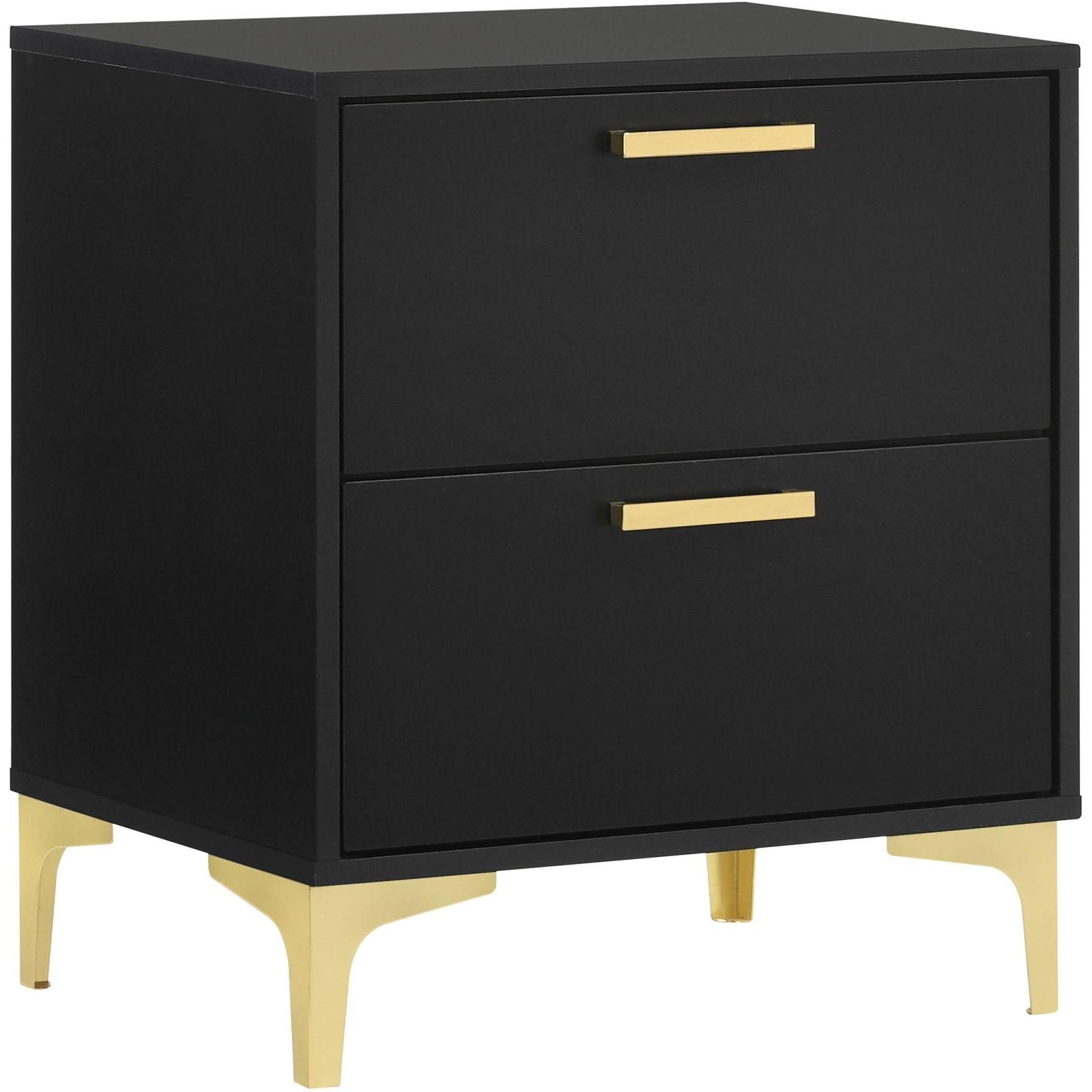 Lif 25 Inch Modern 2 Drawer Nightstand, Gold Metal Accents, Jet Black