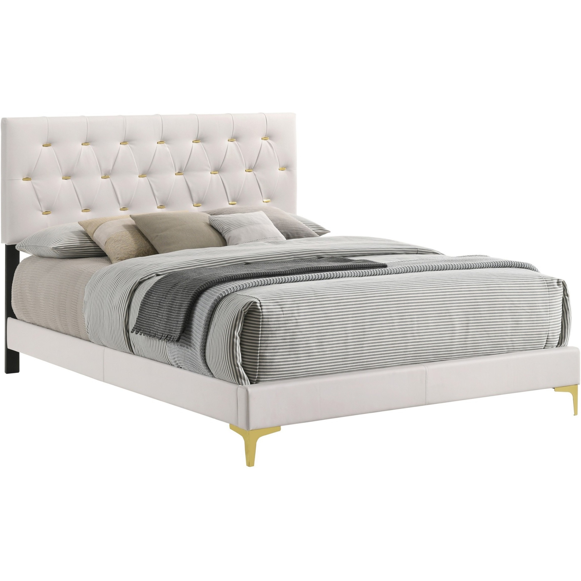 Lif Platform Queen Size Bed, Panel Tufted Headboard, Gold Legs White Velvet
