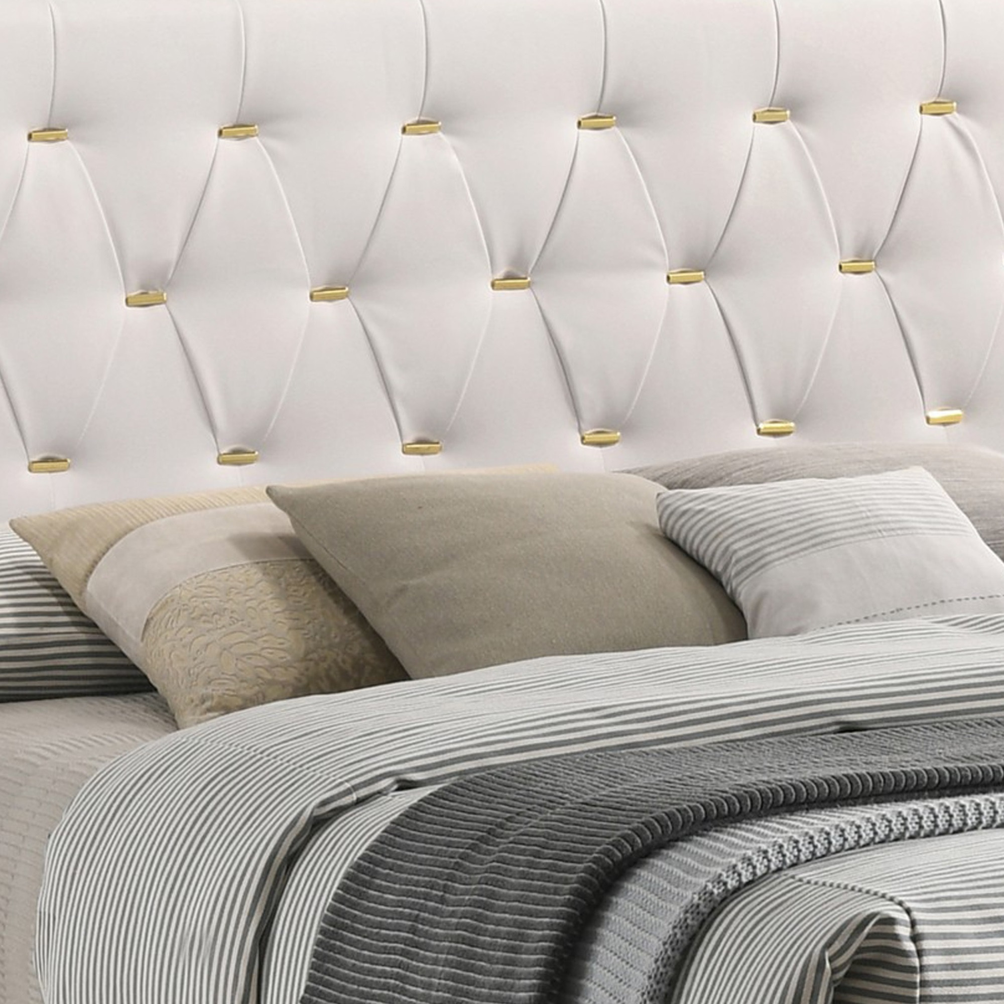 Lif Platform Queen Size Bed, Panel Tufted Headboard, Gold Legs White Velvet