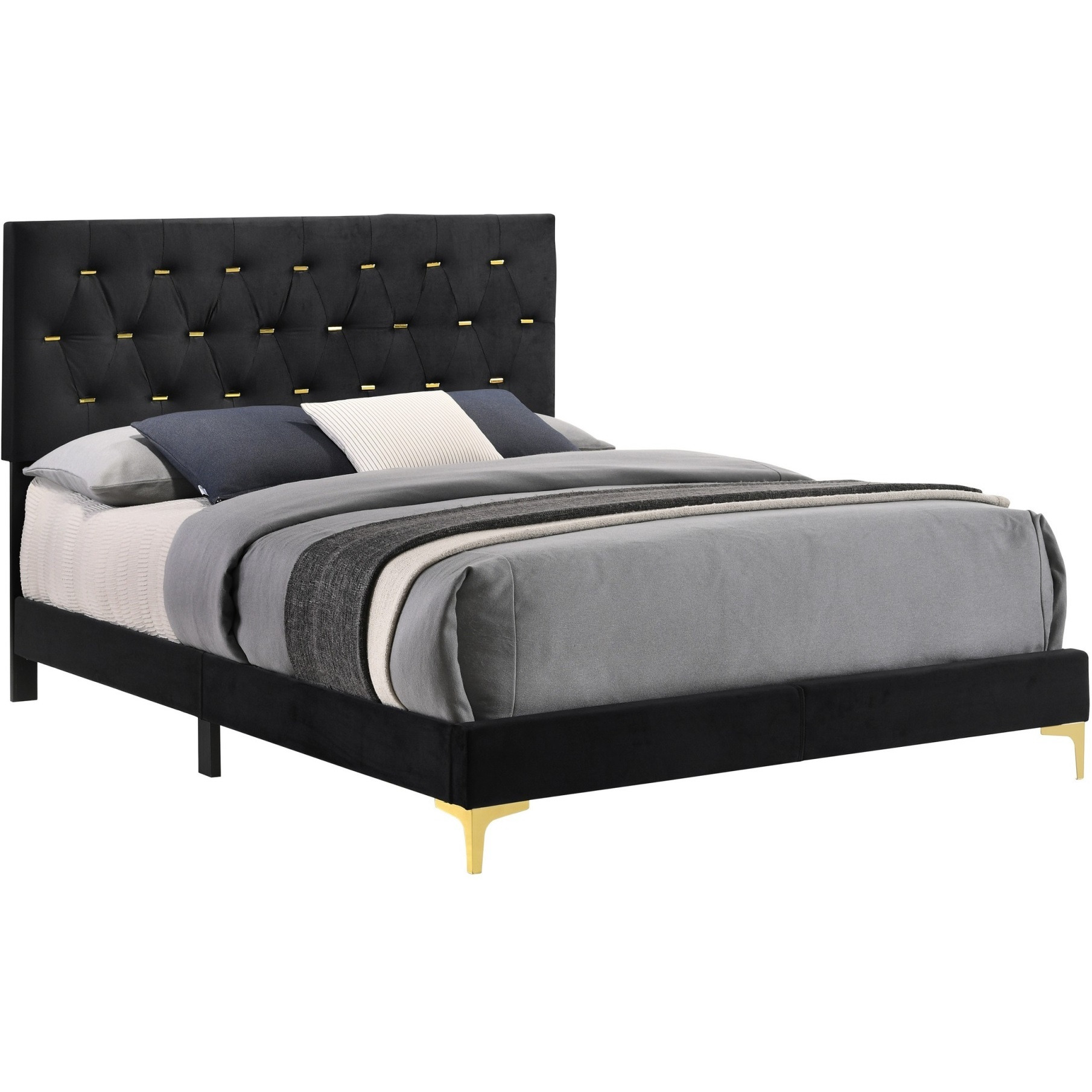 Lif Platform King Size Bed, Panel Tufted Headboard, Gold, Black Velvet
