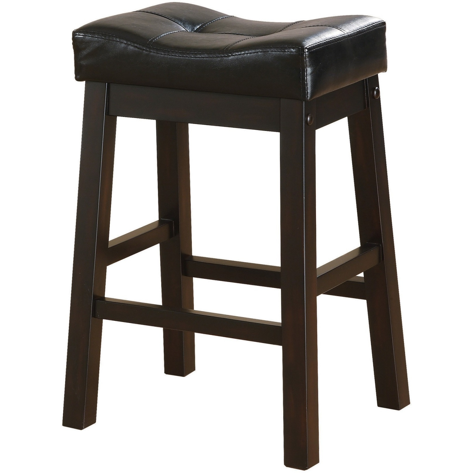 25 Inch Set of 2 Counter Height Stools, Brown Faux Leather Saddle Seat
