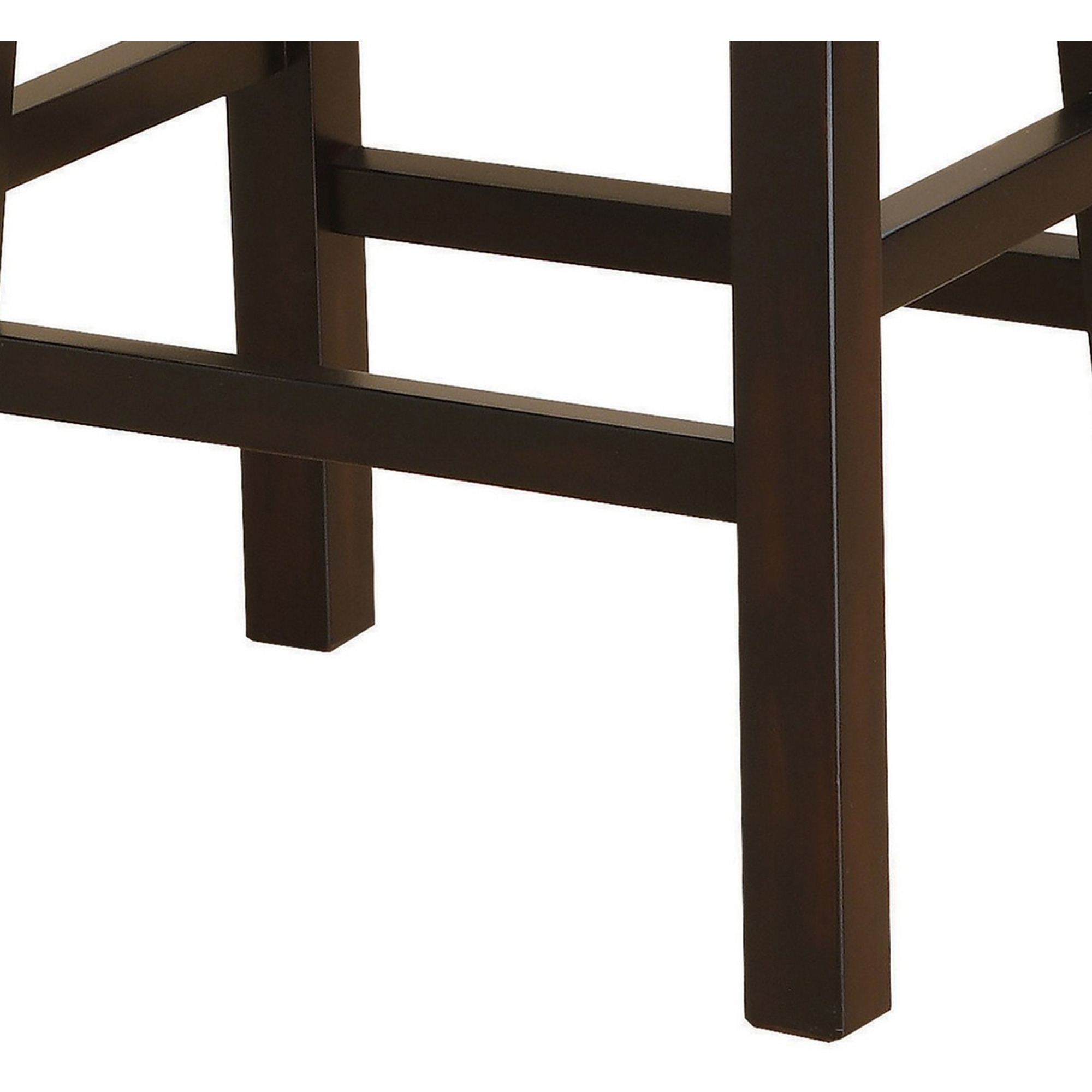 25 Inch Set of 2 Counter Height Stools, Brown Faux Leather Saddle Seat