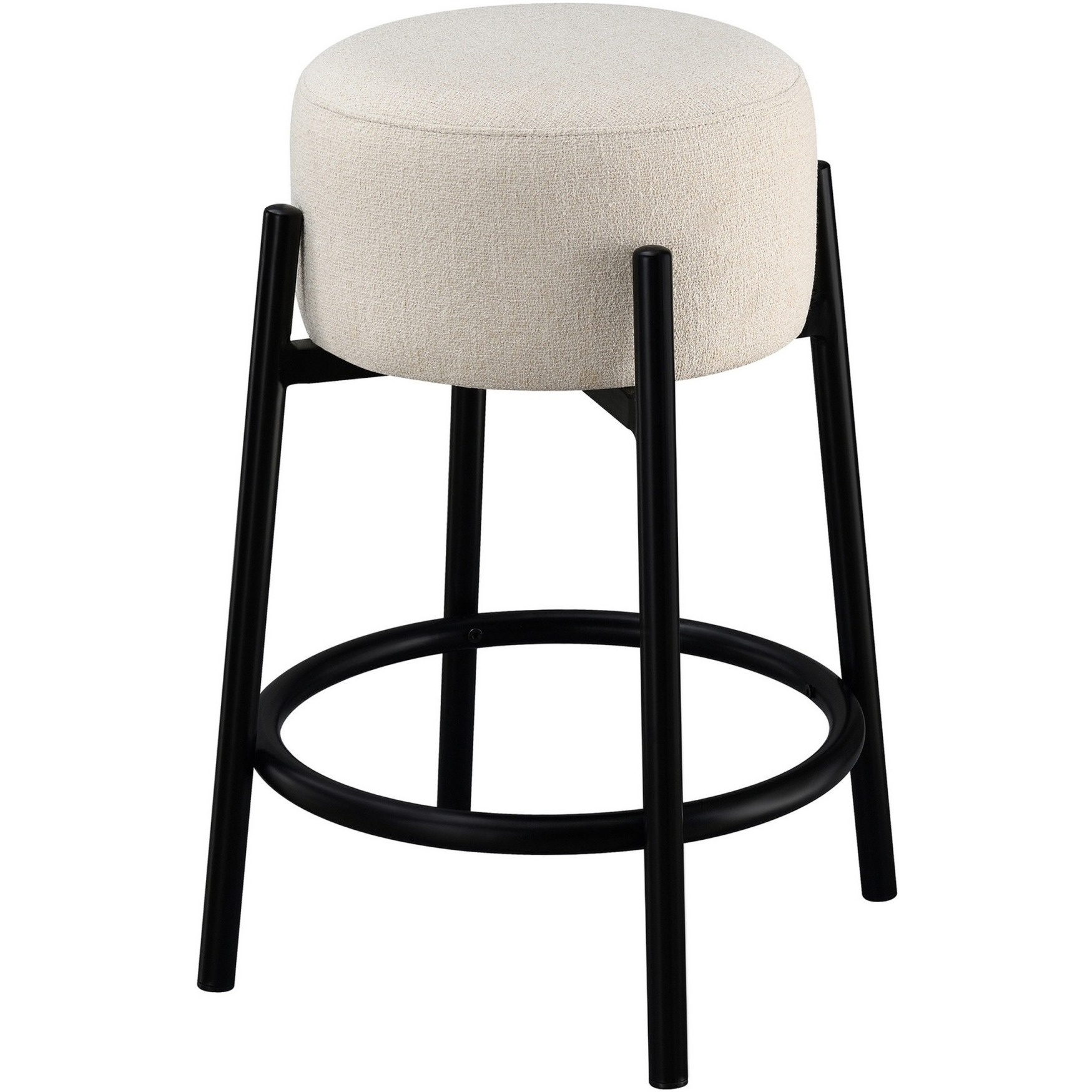 25 Inch Set of 2 Round Counter Height Stools, Black, White Fabric Pouf Seat