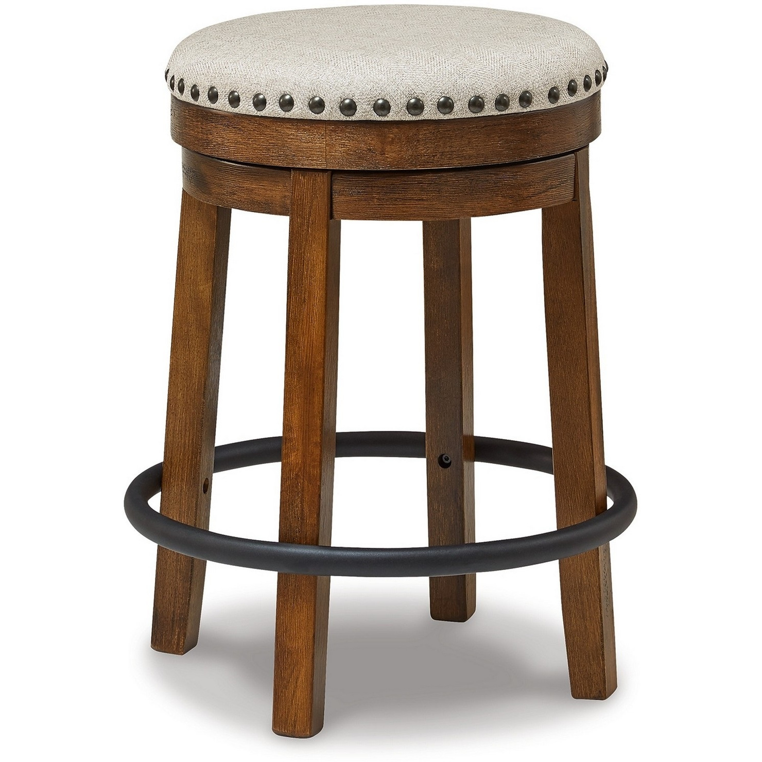 Zane 24 Inch Backless Swivel Counter Stool, Round Beige Seat, Brown Wood