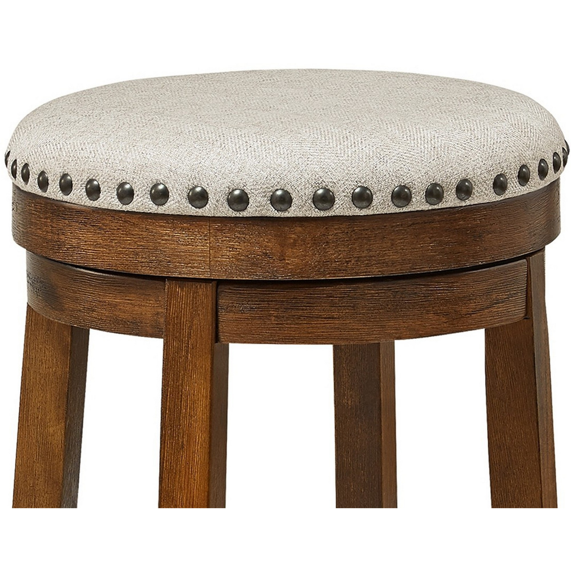 Zane 24 Inch Backless Swivel Counter Stool, Round Beige Seat, Brown Wood