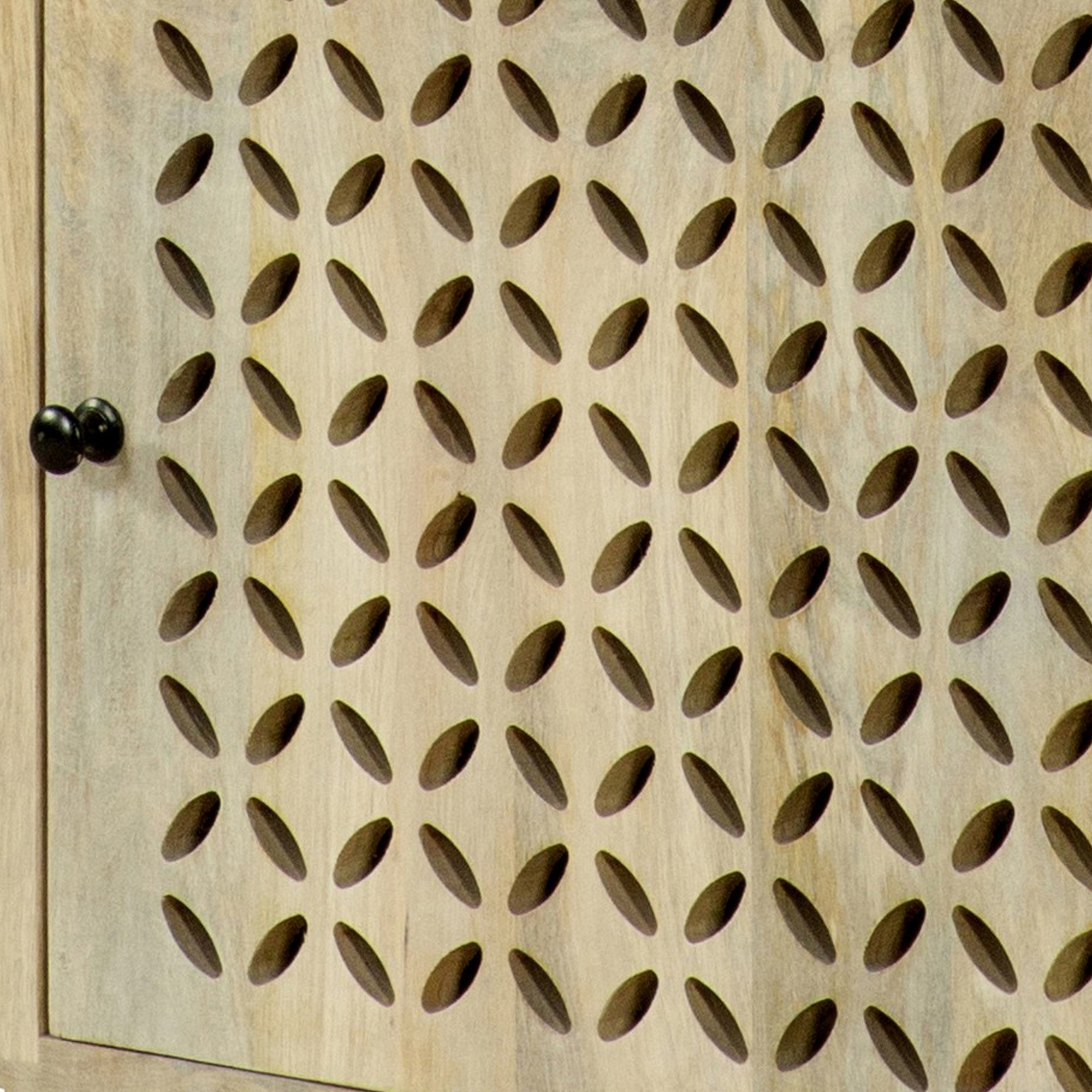 22 Inch 1 Drawer Accent Cabinet, Lattice Cut Outs on Front, Whitewash Wood