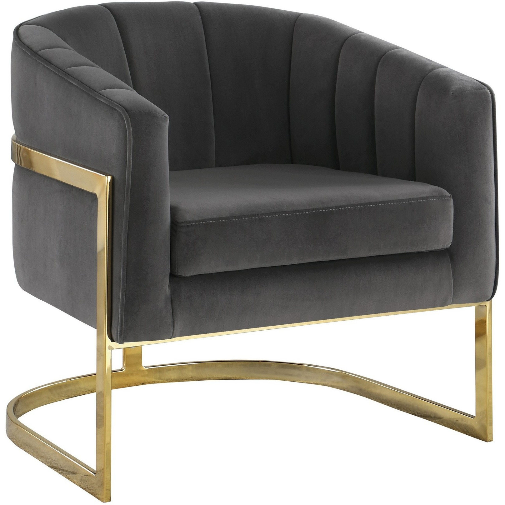 30 Inch Barrel Foam Accent Chair, Brushed Gold Floating Base, Gray Velvet