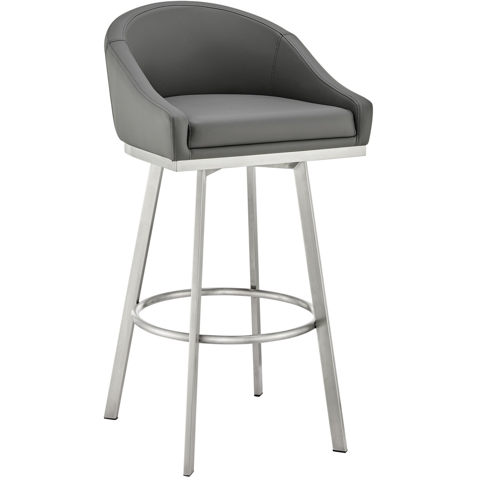 Sheryl 30 Inch Metal Swivel Bar Stool Chair, Low Back, Gray Faux Leather