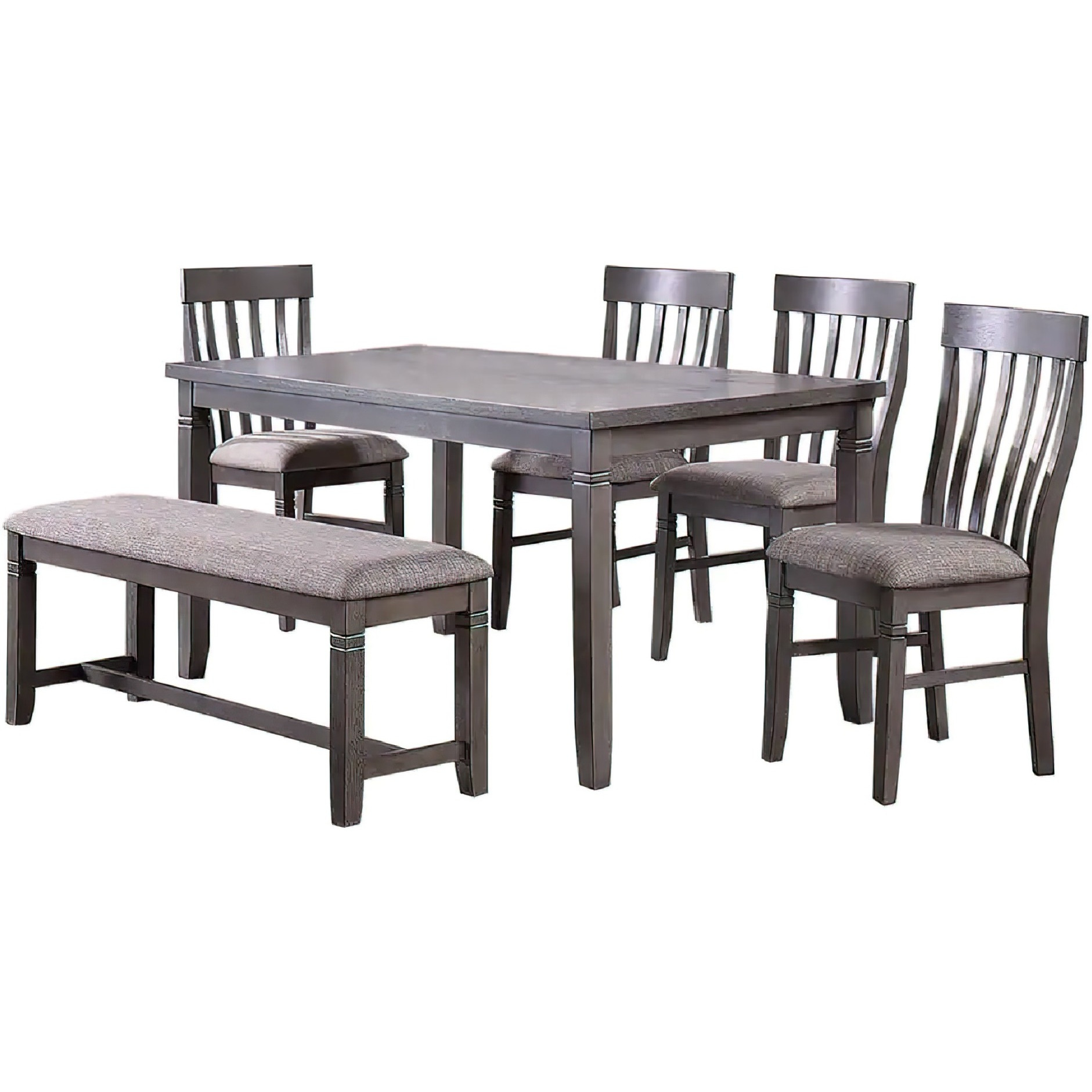 6 Piece Dining Set with Table, 4 Chairs and Bench, Wood Frame, Gray Fabric