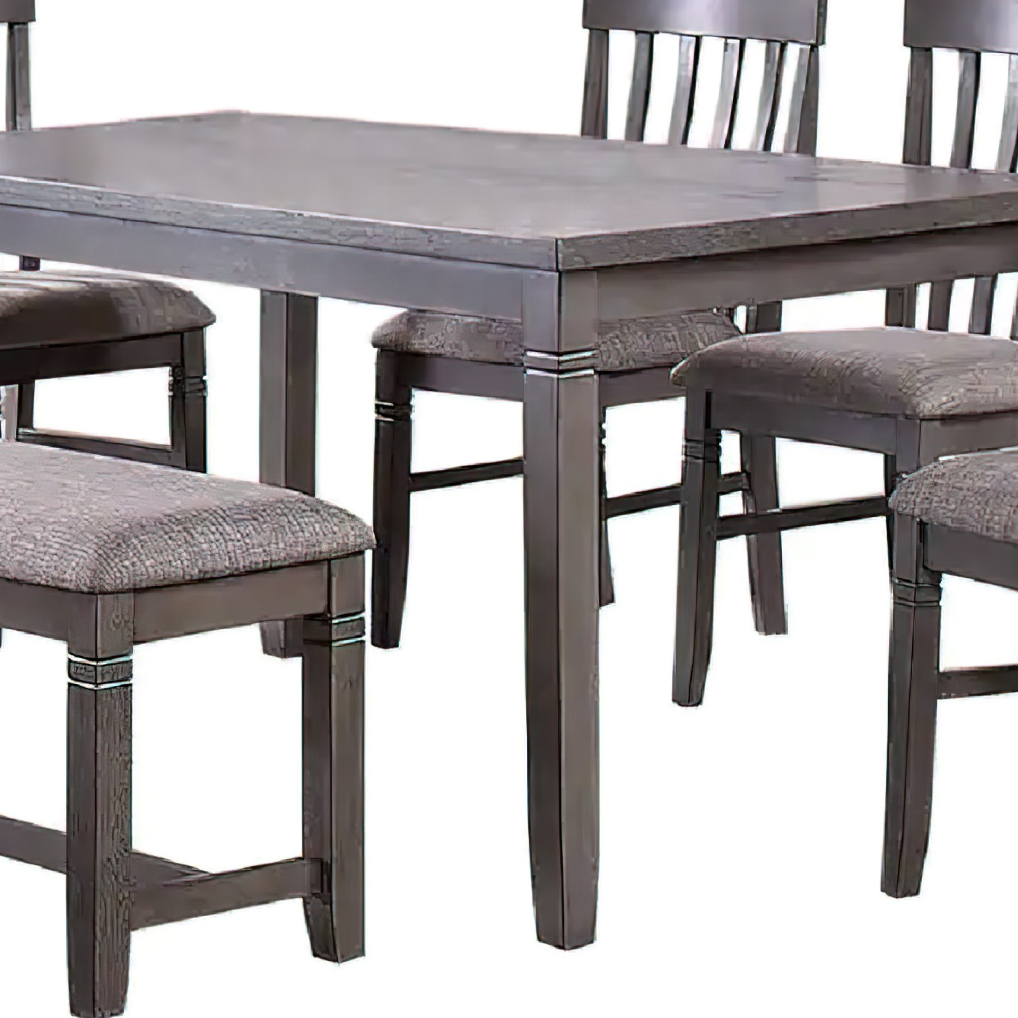 6 Piece Dining Set with Table, 4 Chairs and Bench, Wood Frame, Gray Fabric