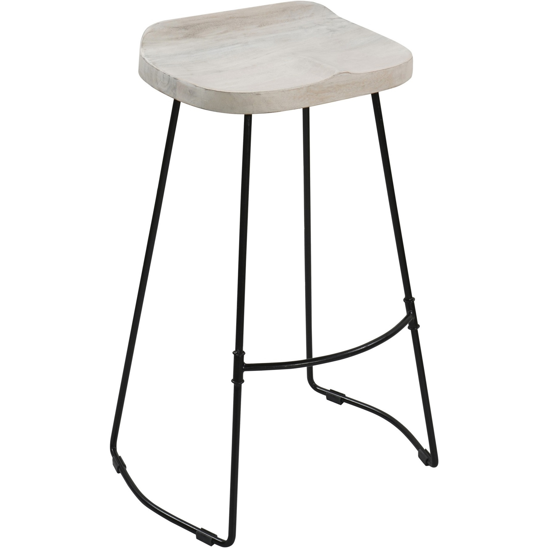 Tiva 30 Inch Handcrafted Backless Barstool, Whitewashed Mango Wood Saddle Seat, Black Metal Base