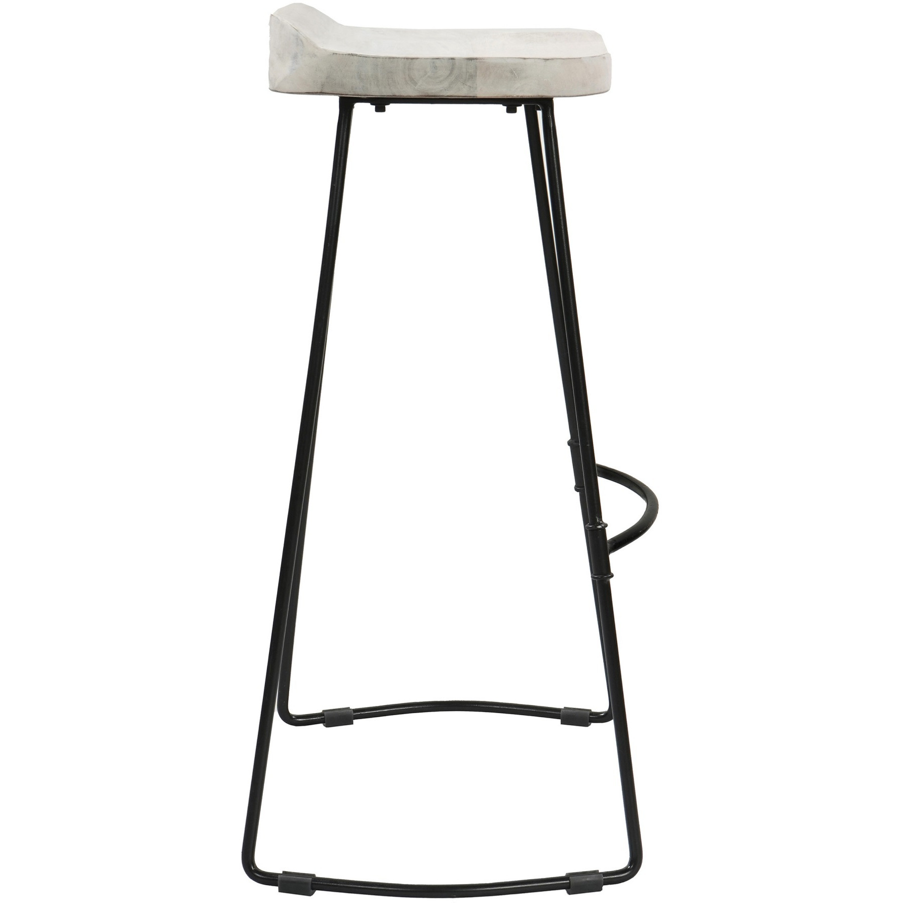 Tiva 30 Inch Handcrafted Backless Barstool, Whitewashed Mango Wood Saddle Seat, Black Metal Base