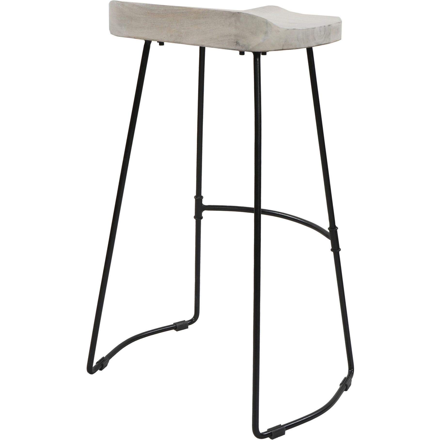 Tiva 30 Inch Handcrafted Backless Barstool, Whitewashed Mango Wood Saddle Seat, Black Metal Base