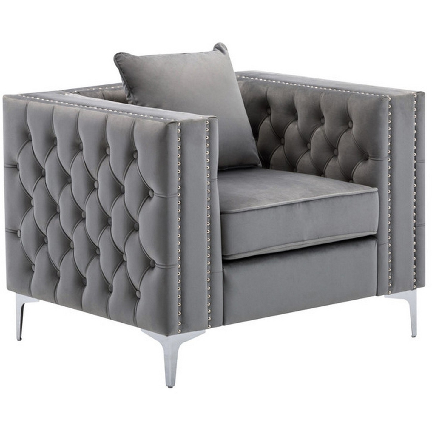Joni 40 Inch Armchair, Chesterfield Design, Button Tufting, Gray Velvet