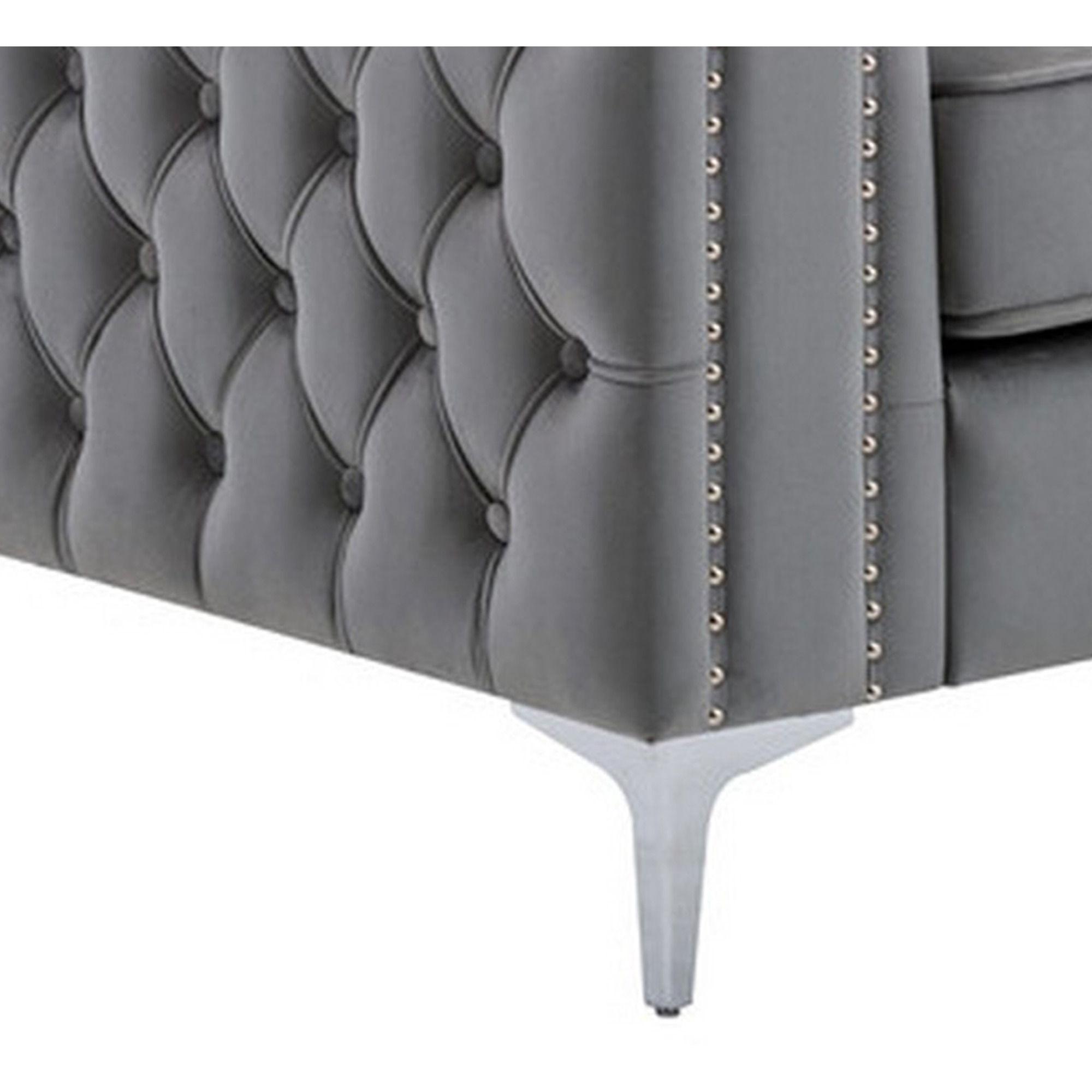 Joni 40 Inch Armchair, Chesterfield Design, Button Tufting, Gray Velvet