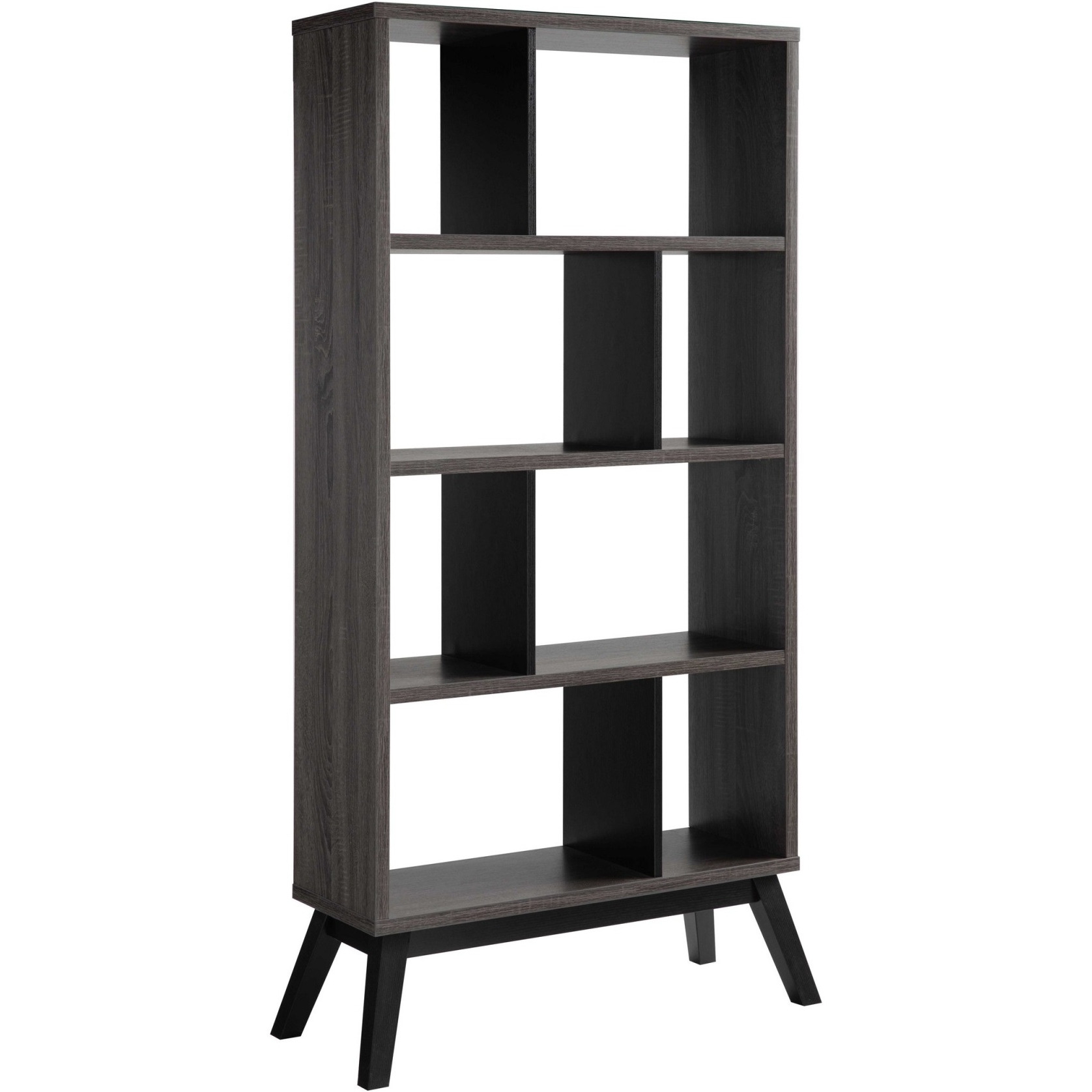 65 Inch Modern Bookcase, Four Shelves with Dividers, Flared Legs, Gray